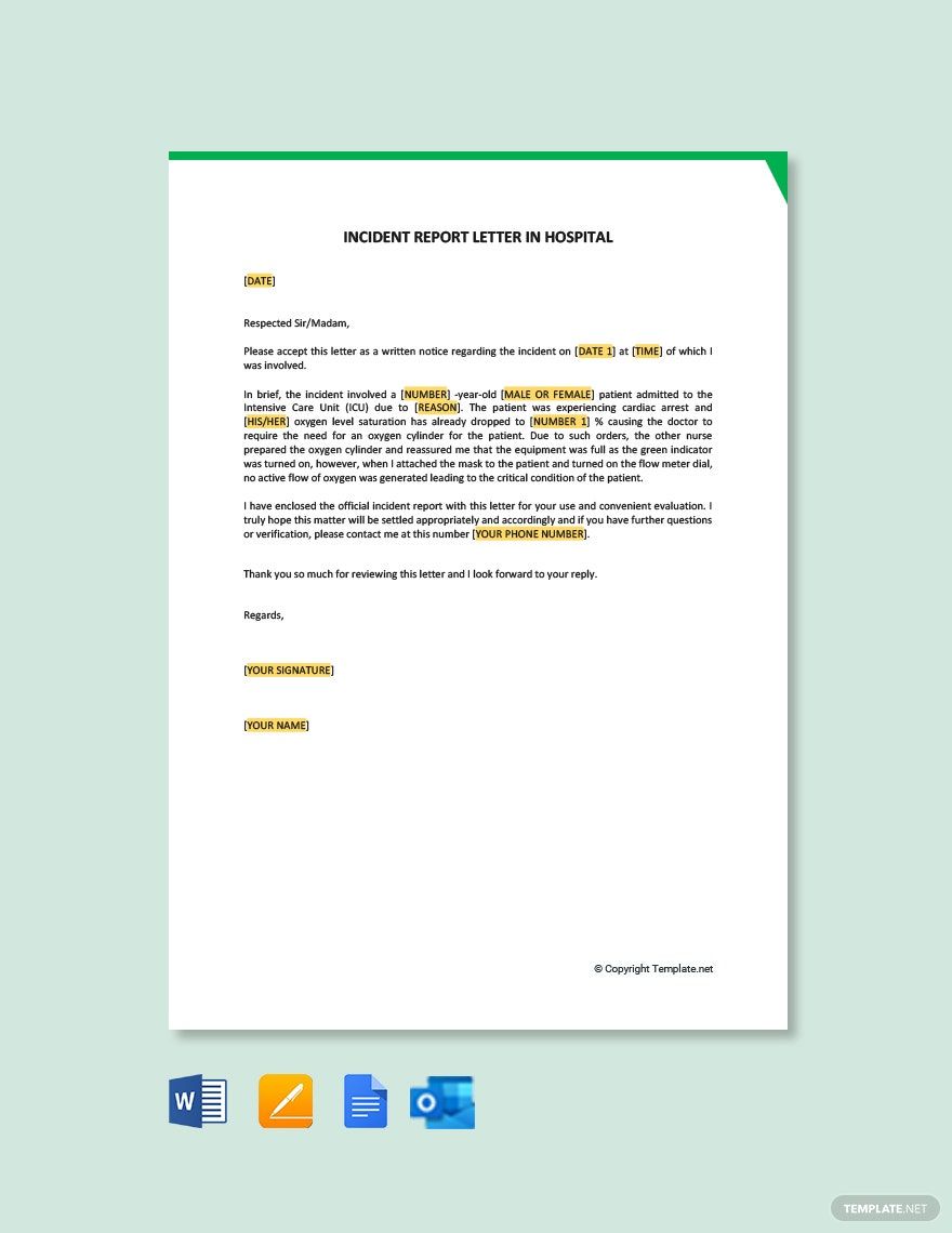 Incident Report Letter In Hospital in Google Docs, Word, Pages, Outlook, PDF - Download | Template.net