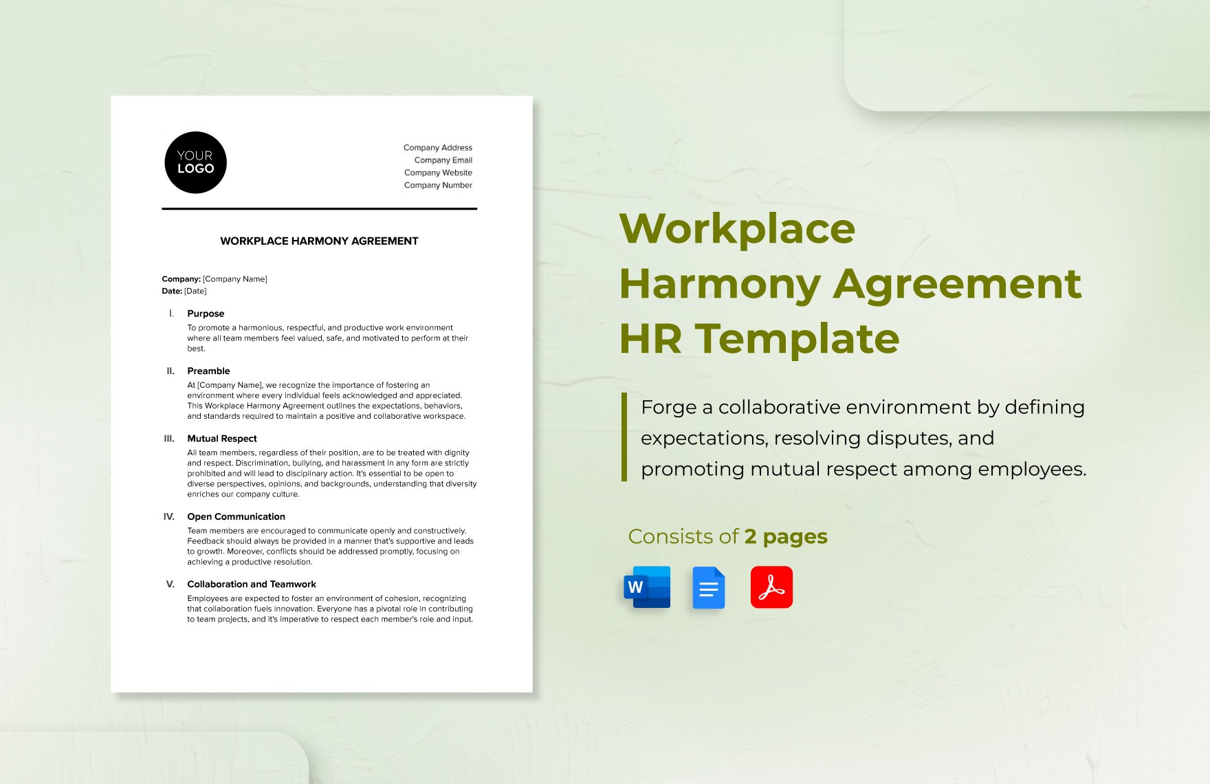 Workplace Harmony Agreement HR Template in Word, Google Docs, PDF