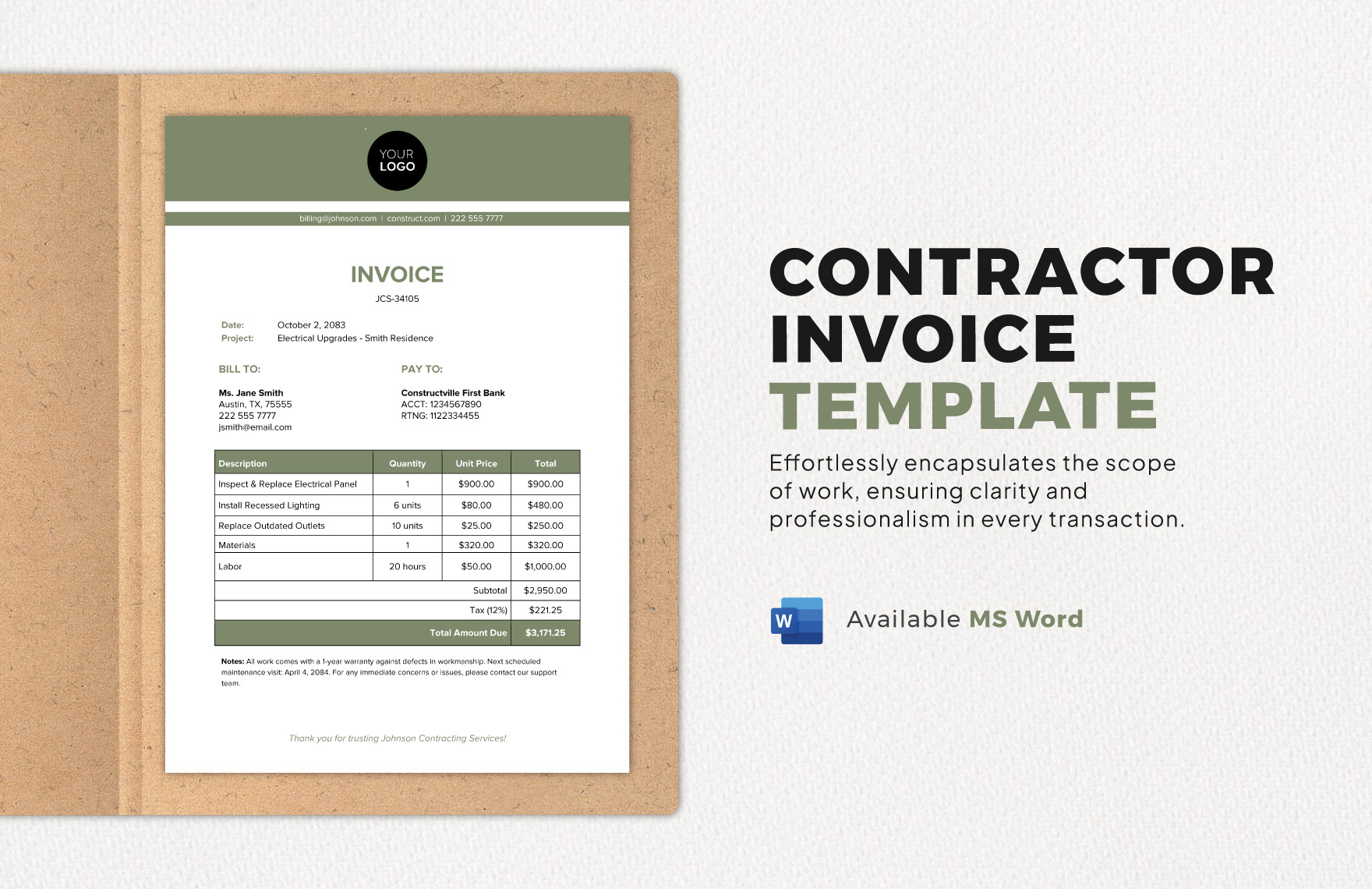 Contractor Invoice Template in Word - Download | Template.net