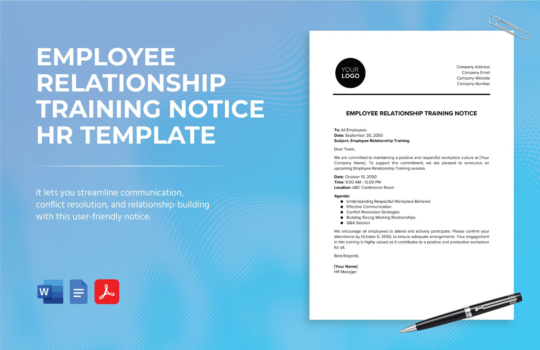 Employee Relationship Training Notice HR Template in Word, Google Docs, PDF