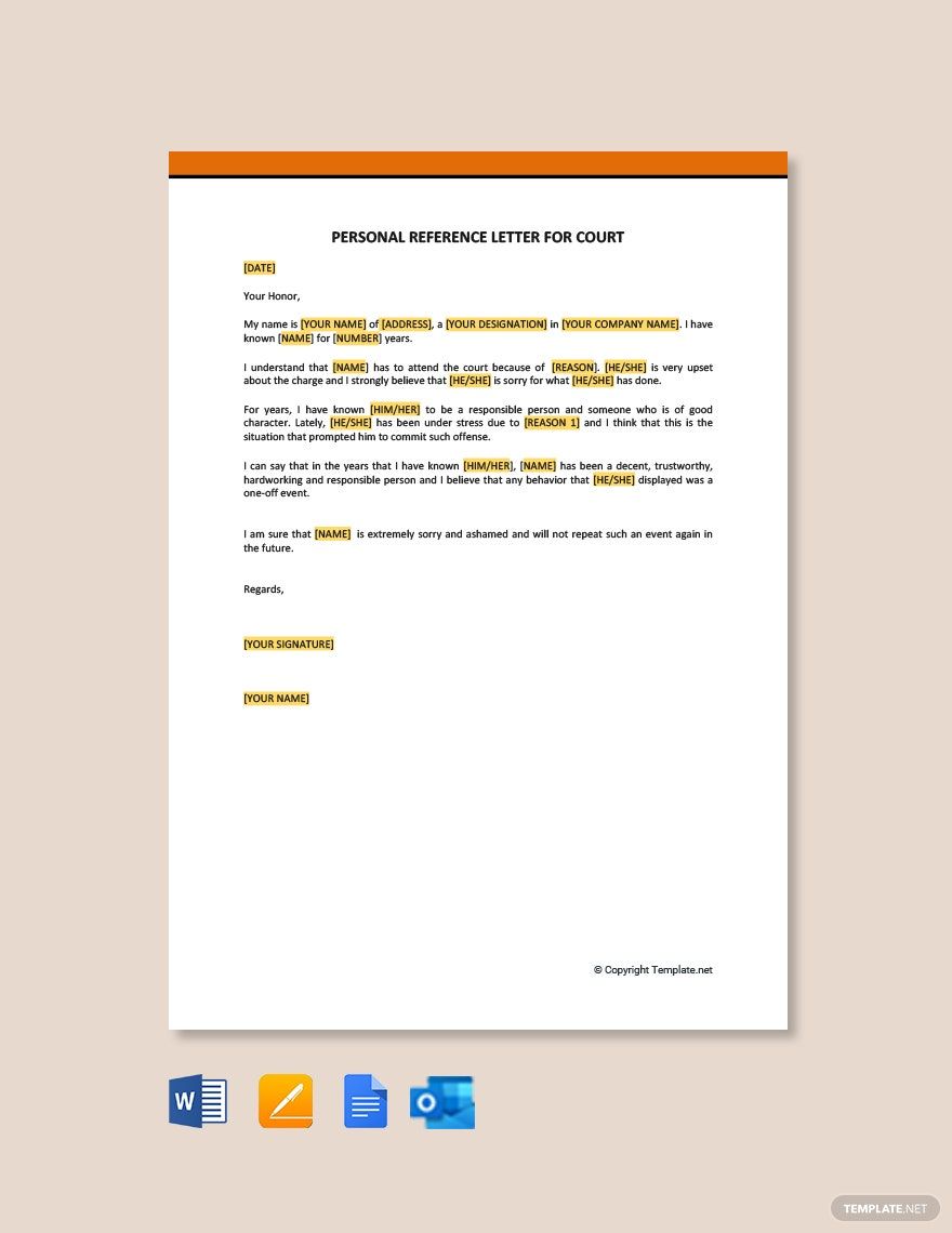 Personal Reference Letter For Court in Google Docs, Word, Pages, Outlook, PDF - Download | Template.net