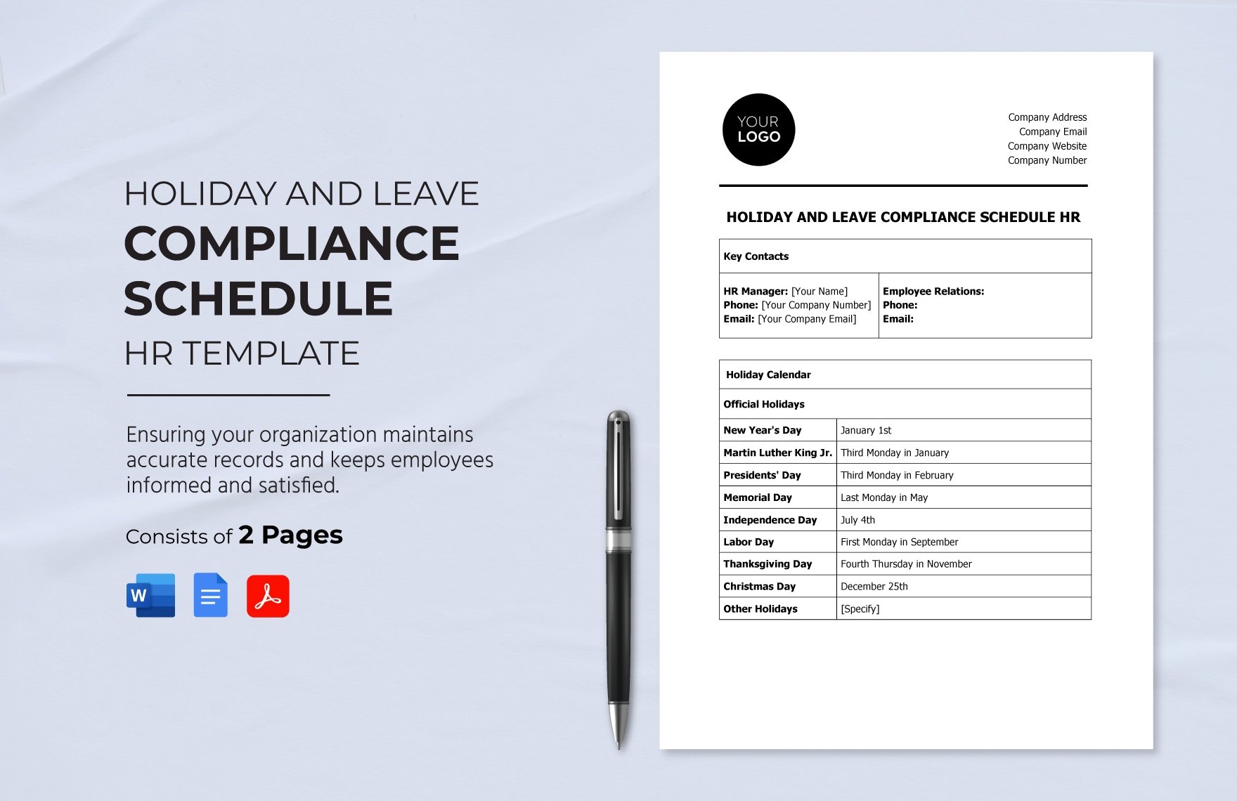 Holiday and Leave Compliance Schedule HR Template