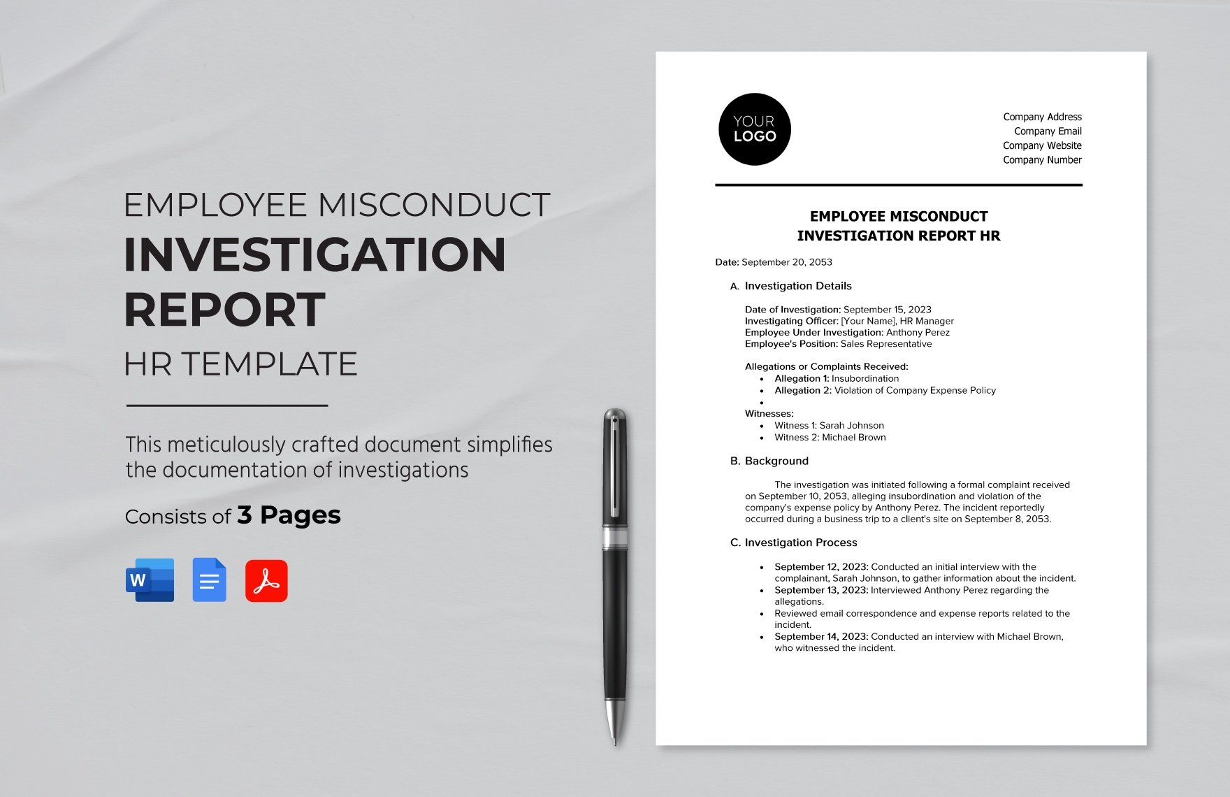 Employee Misconduct Investigation Report HR Template