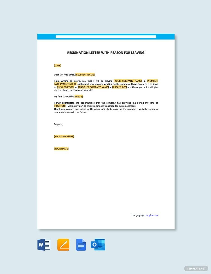 Free Resignation Letter With Reason For Leaving Template