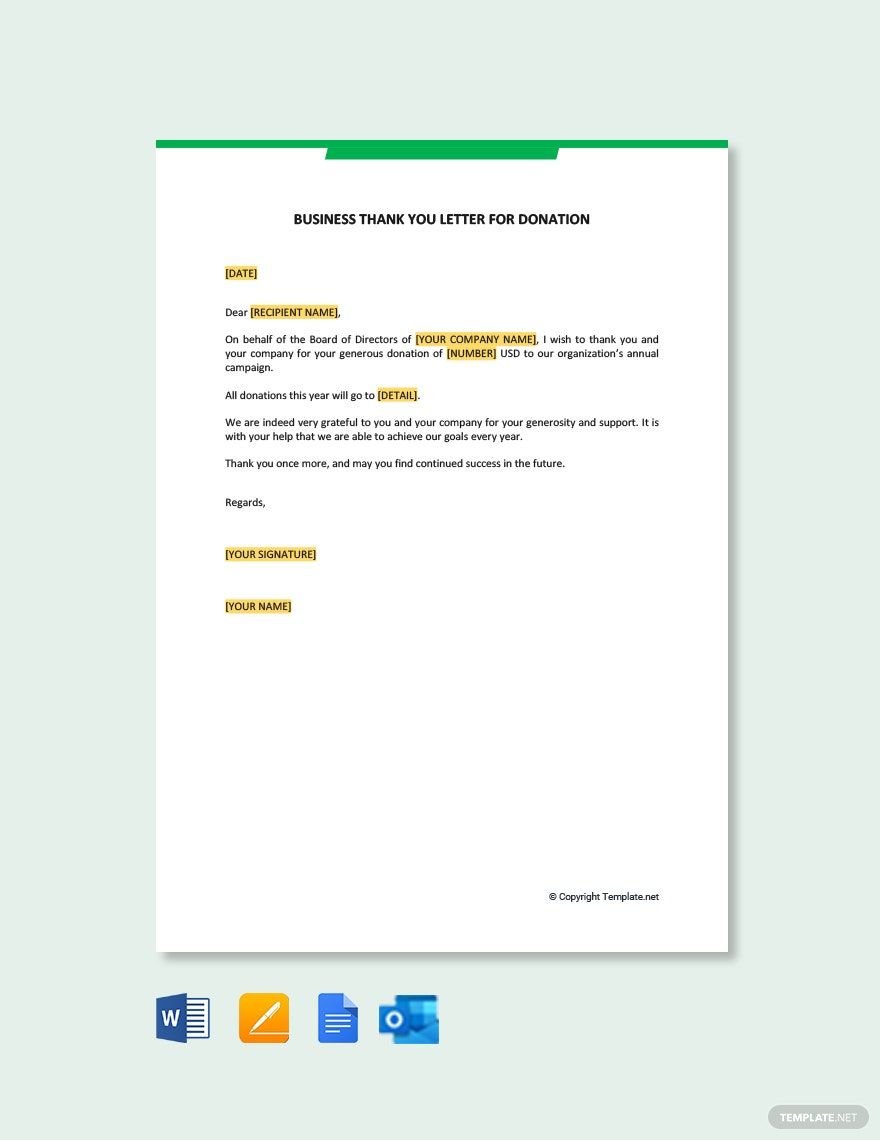 Free Business Thank You Letter for Donation Template