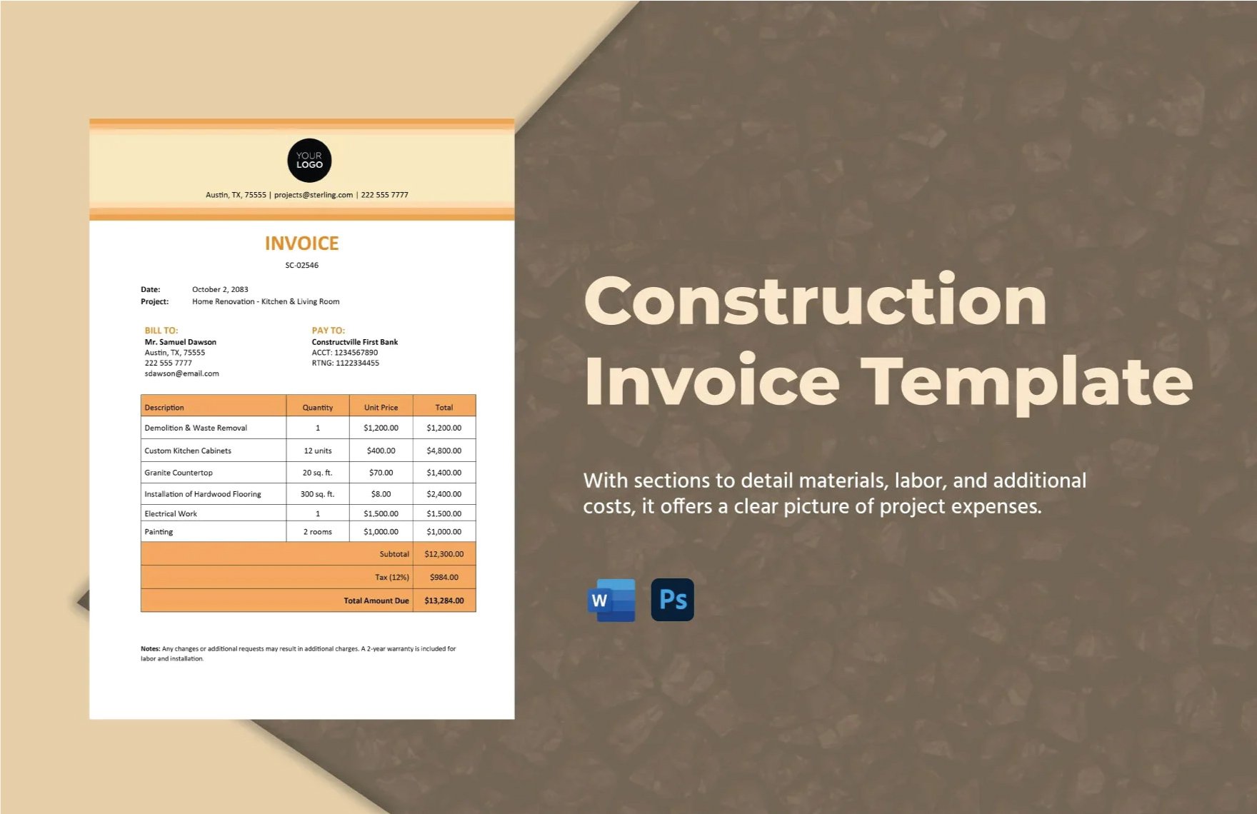 Construction Invoice Template in Word, PSD
