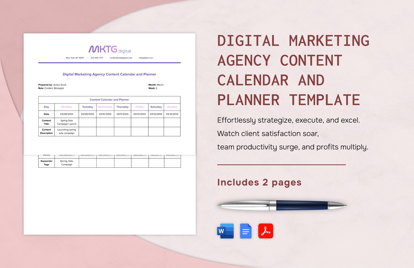 Digital Marketing Agency Content Calendar and Planner Template