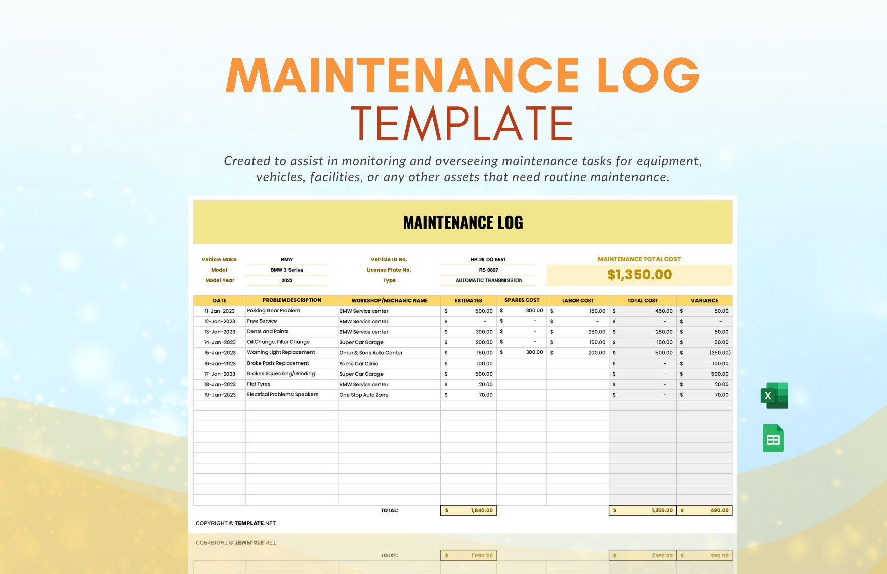 Free Maintenance Log Template in Excel, Google Sheets