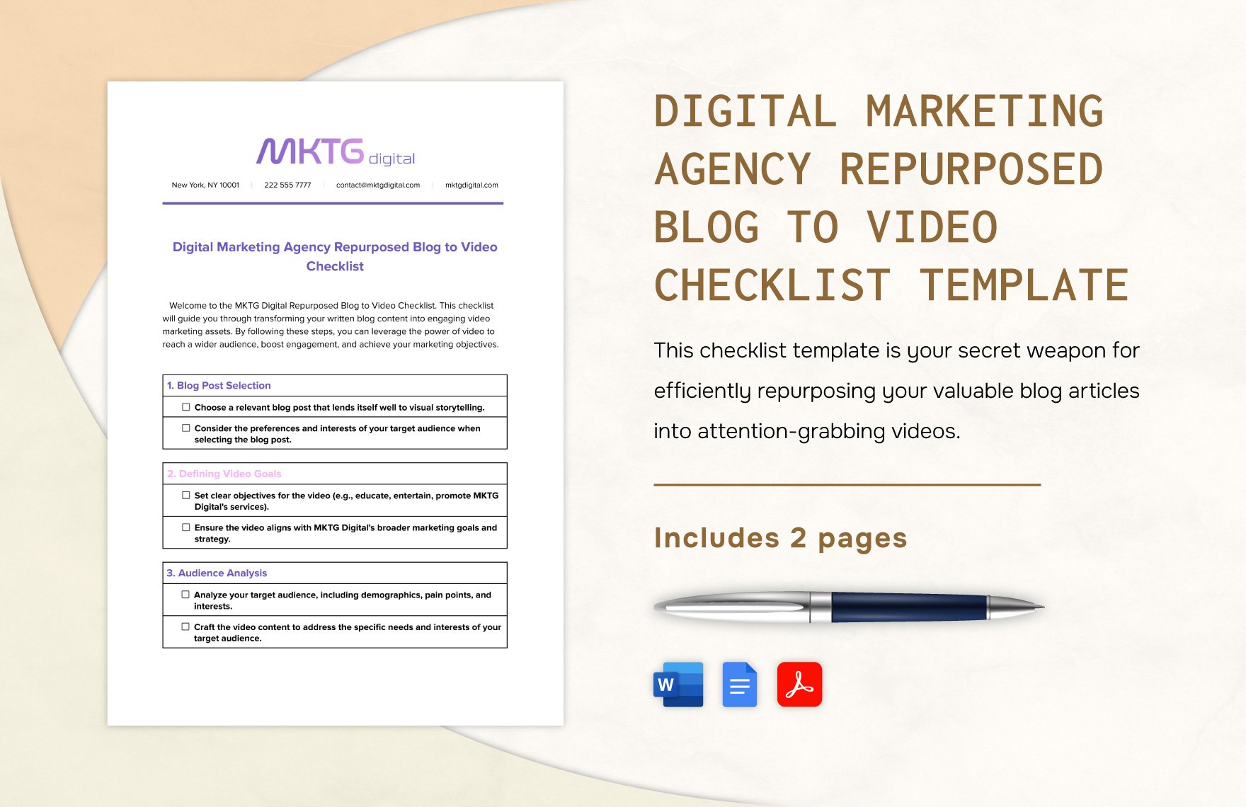 Digital Marketing Agency Repurposed Blog to Video Checklist Template in Word, Google Docs, PDF
