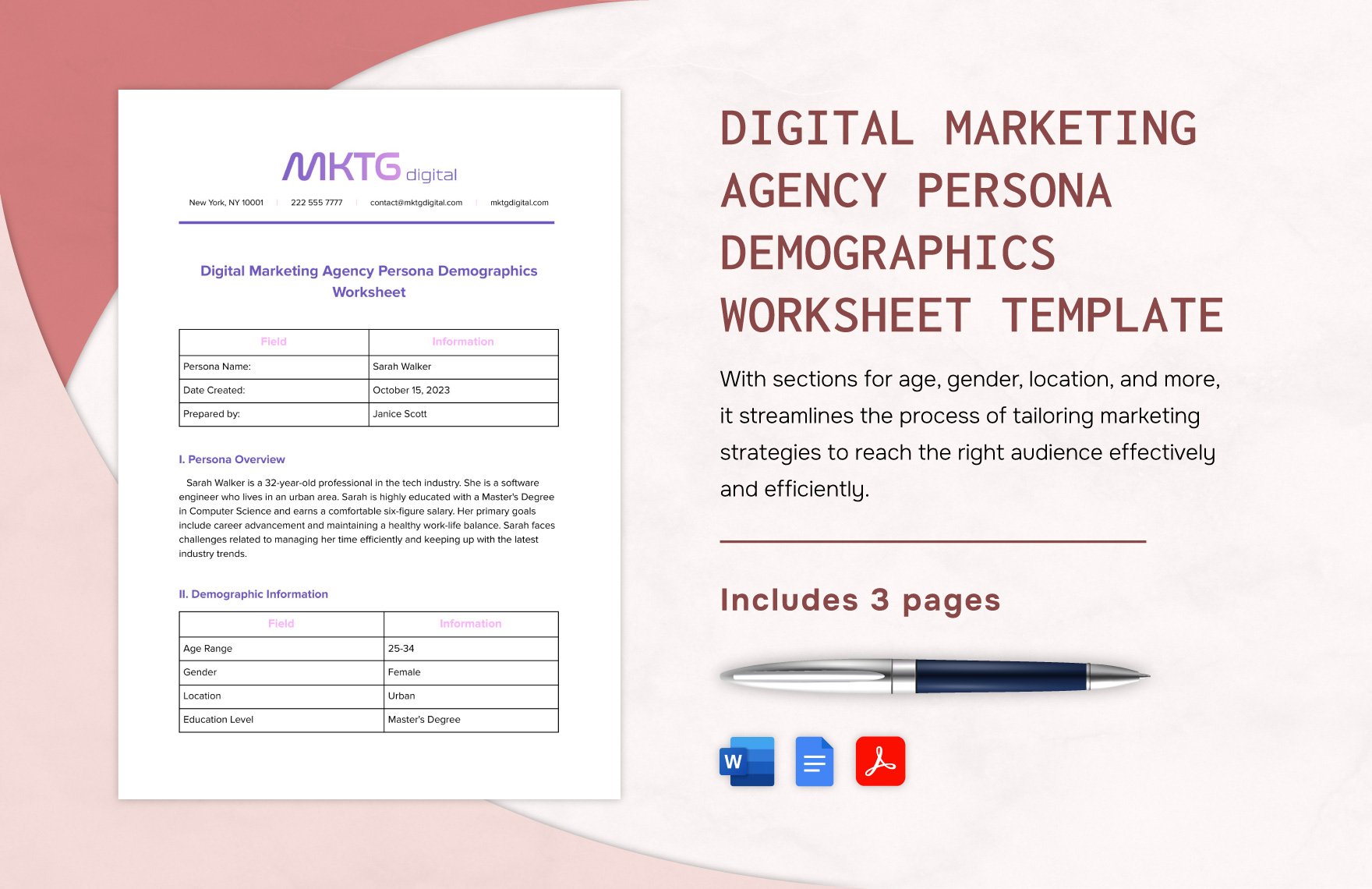 Digital Marketing Agency Persona Demographics Worksheet Template