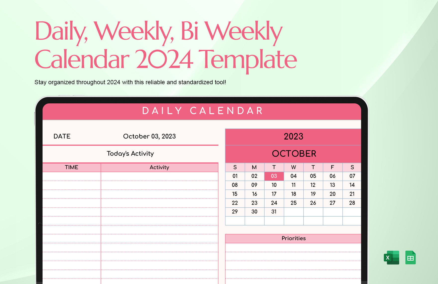 Free Daily, Weekly, Bi Weekly Calendar 2024 Template in Excel, Google Sheets