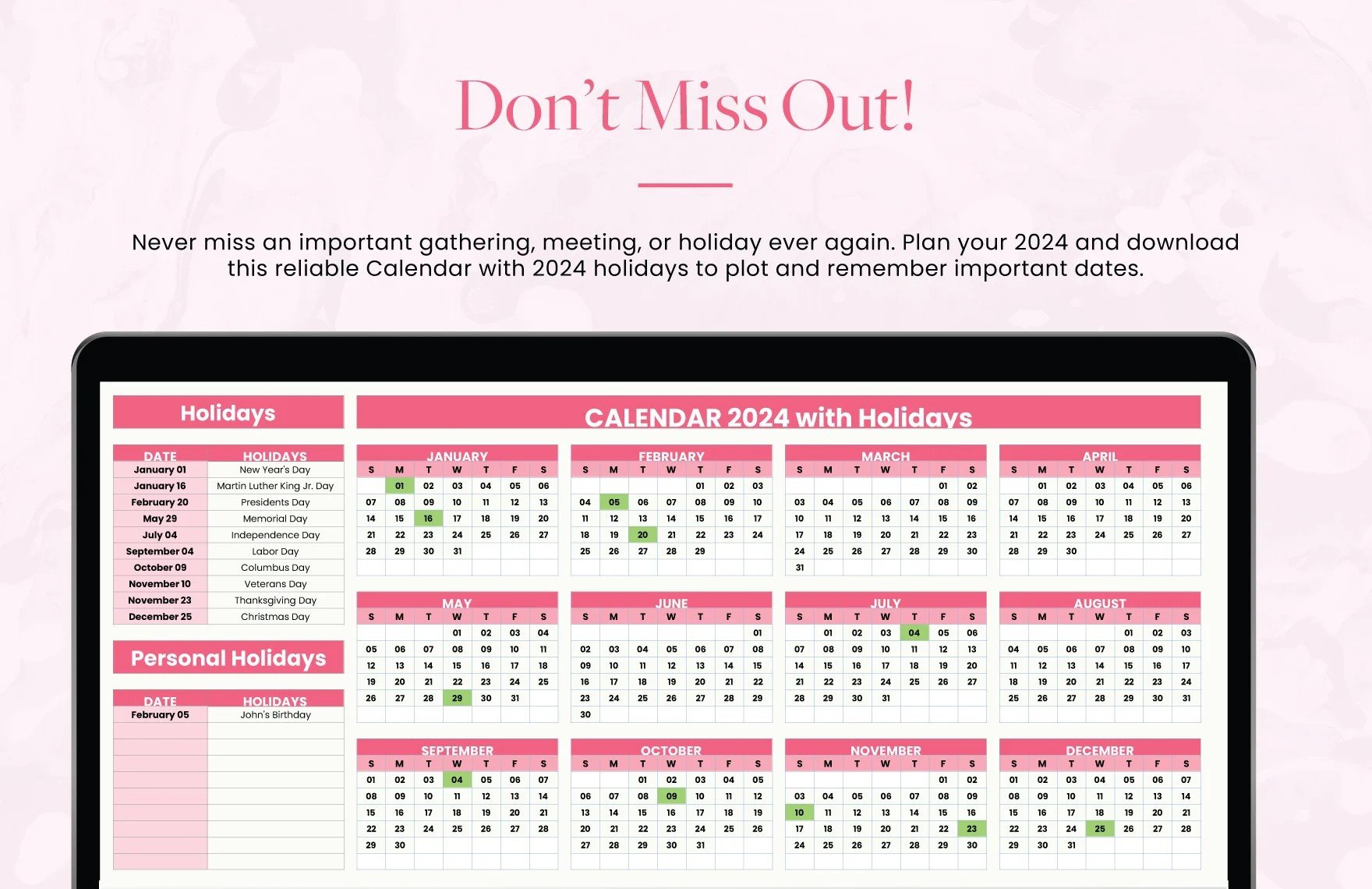 Calendar 2024 with Holidays Template