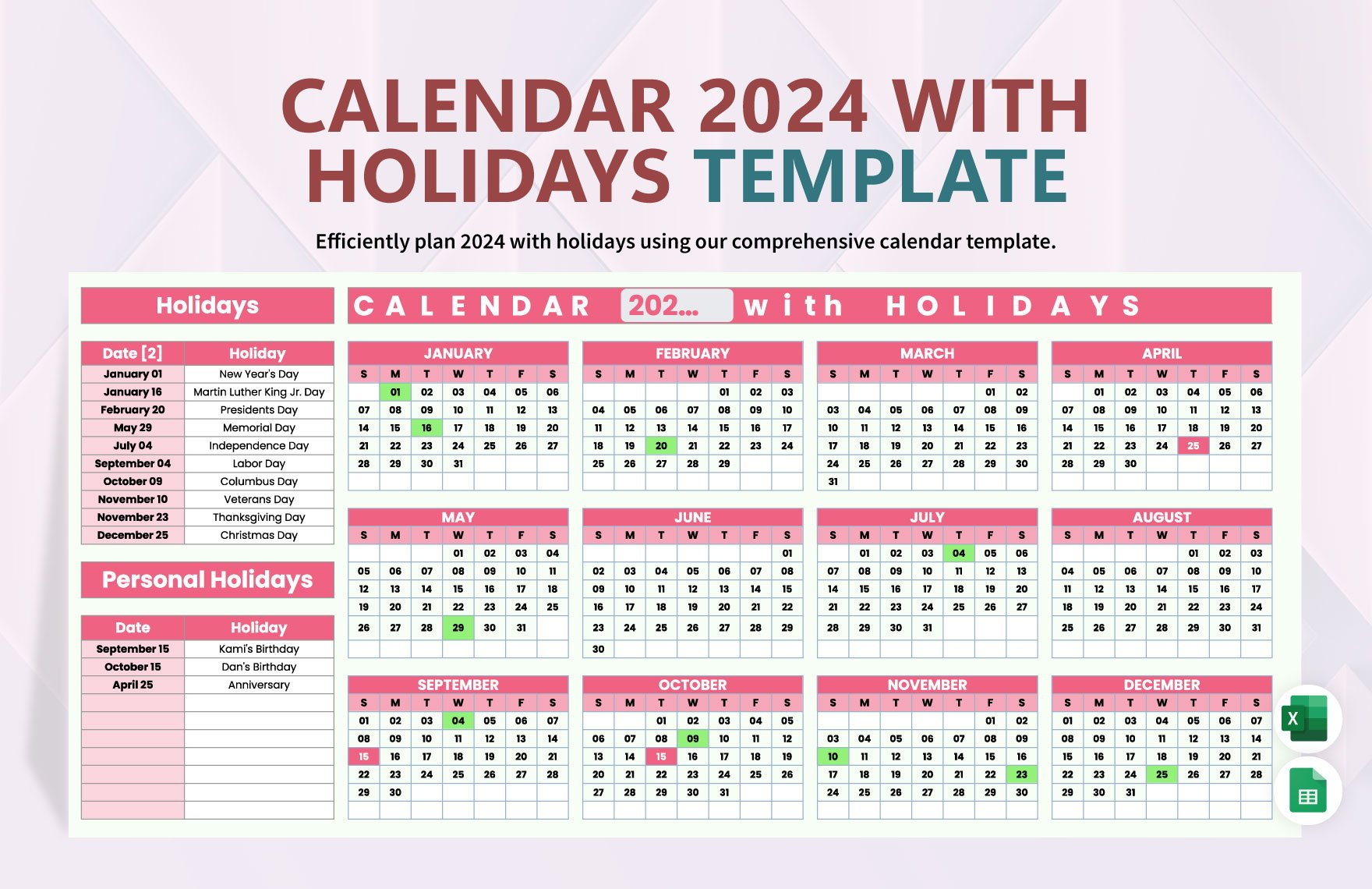 Free Calendar 2024 with Holidays Template