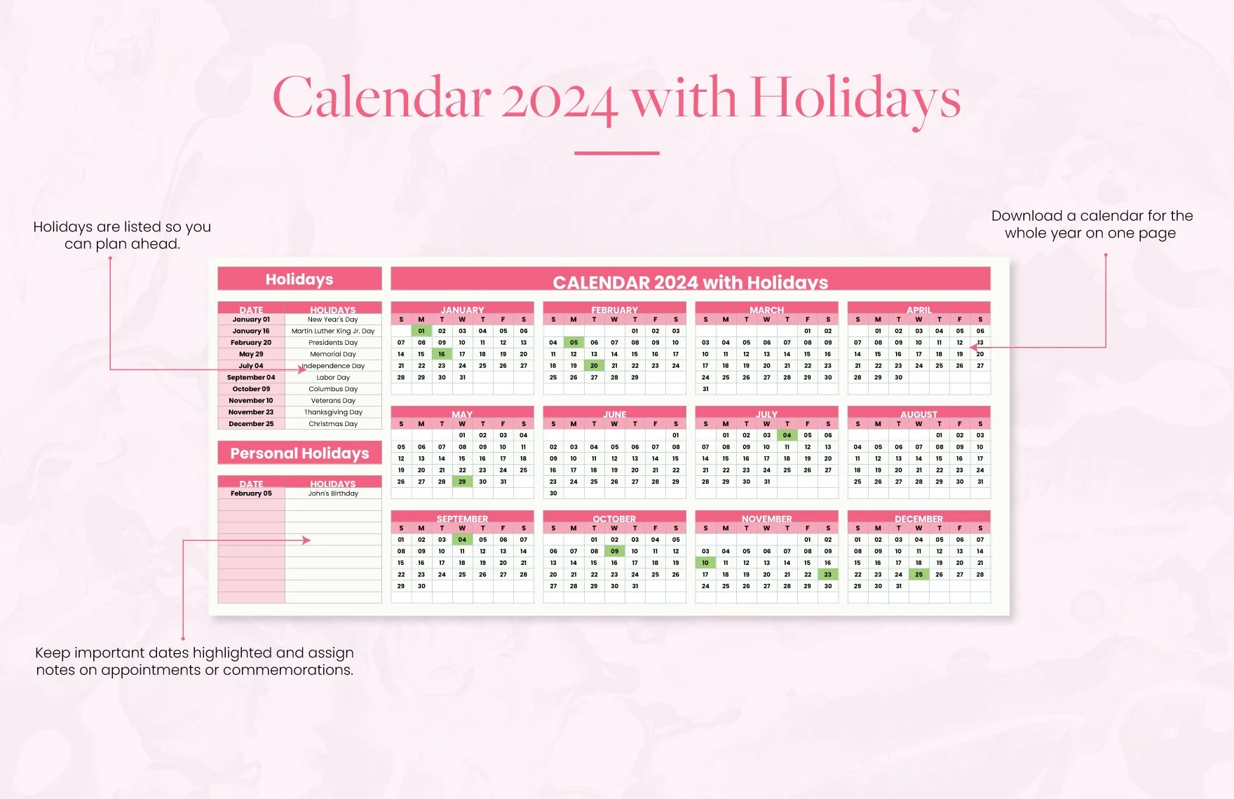 Calendar 2024 with Holidays Template