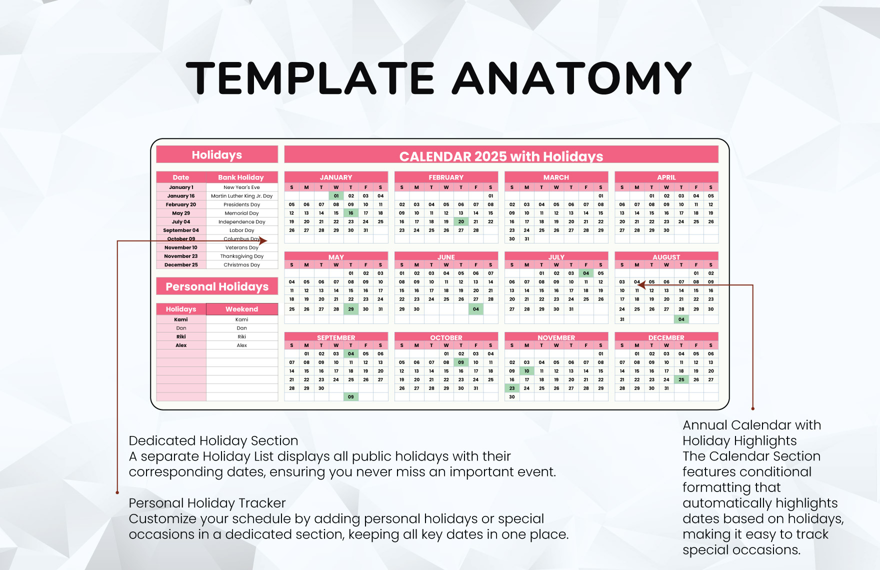 Calendar 2025 with Holidays Template