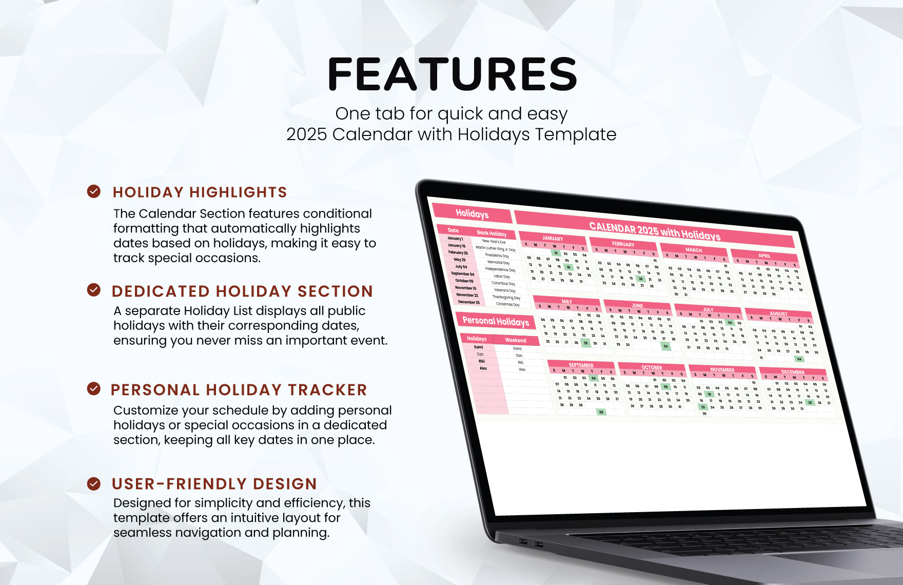 Calendar 2025 with Holidays Template