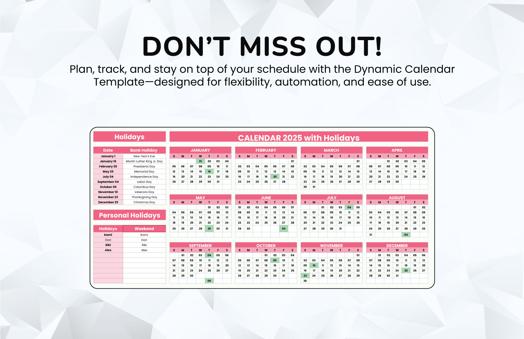 Calendar 2025 with Holidays Template