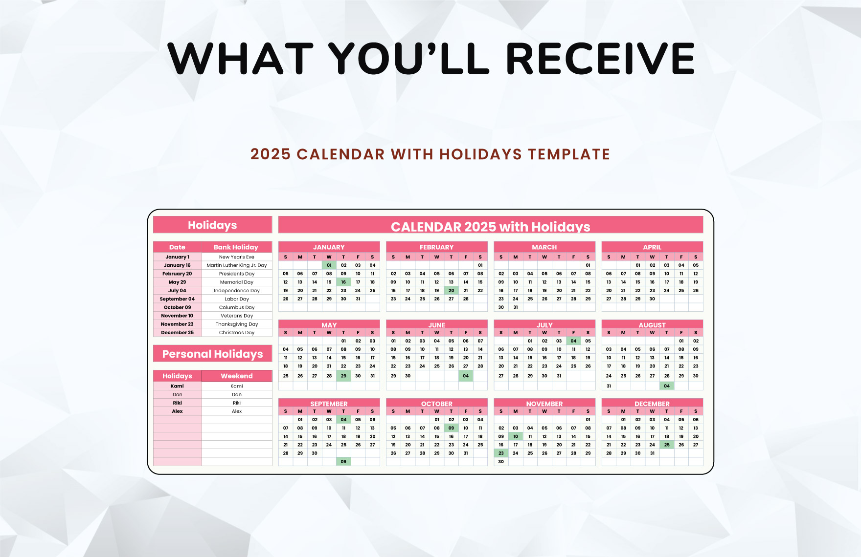 Calendar 2025 with Holidays Template