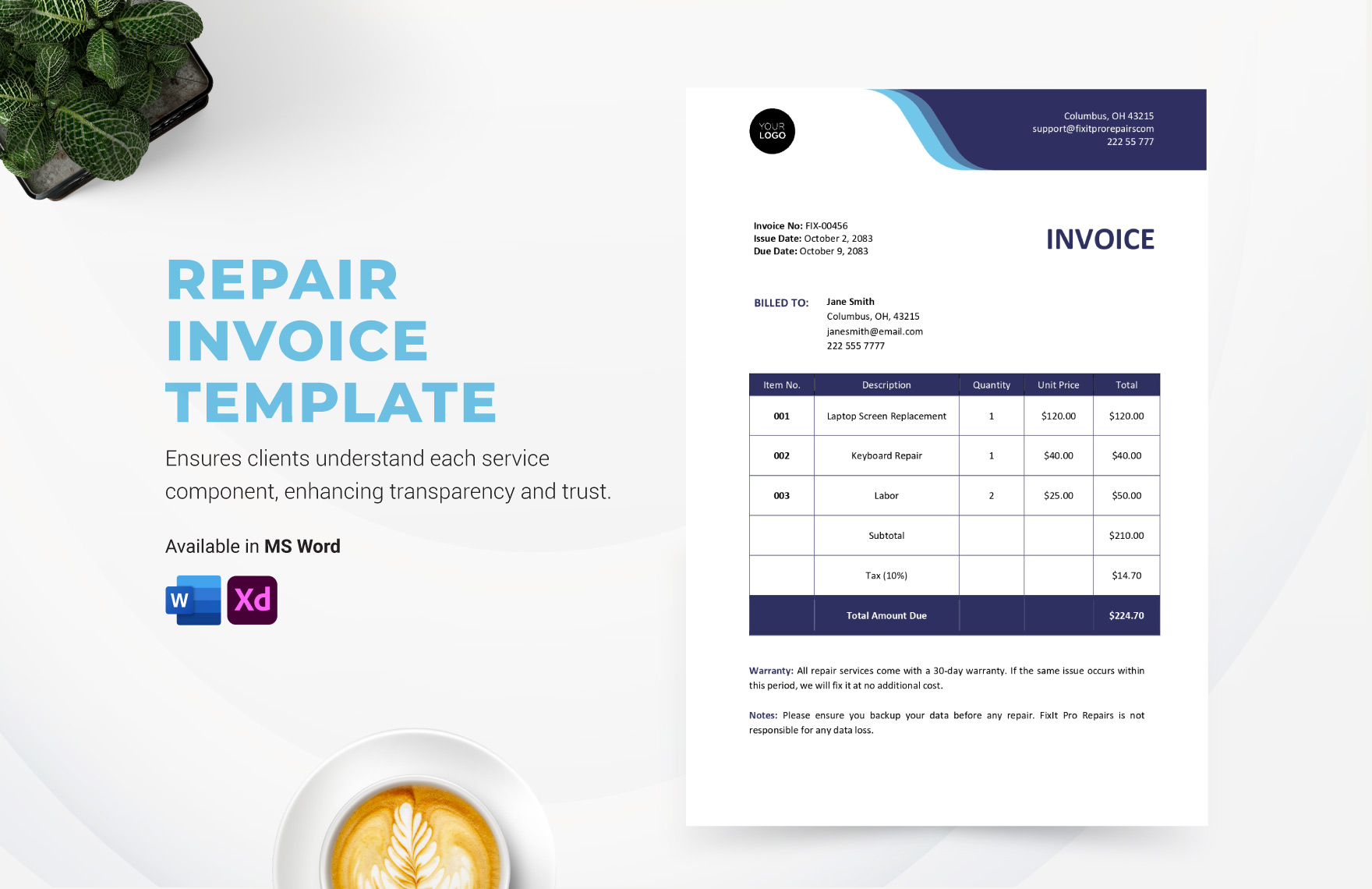 Repair Invoice Template in Word, Adobe XD