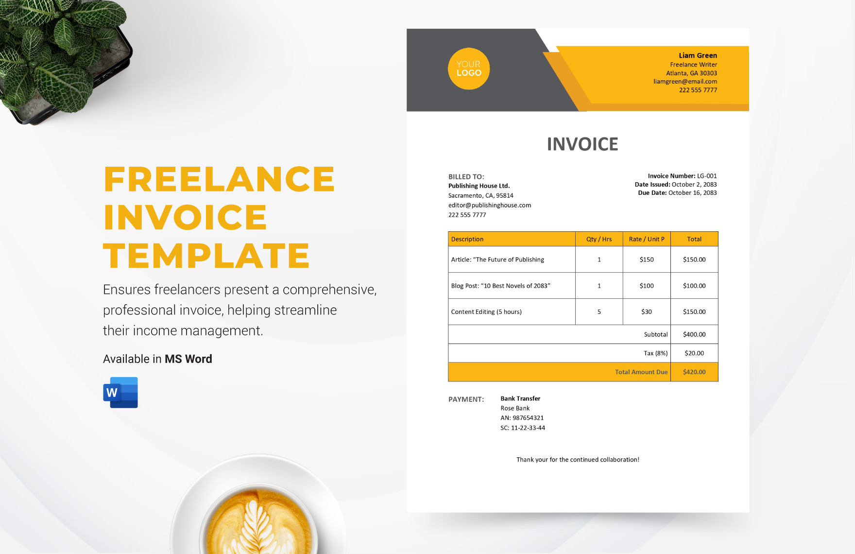 Freelance Invoice Template in Word - Download | Template.net