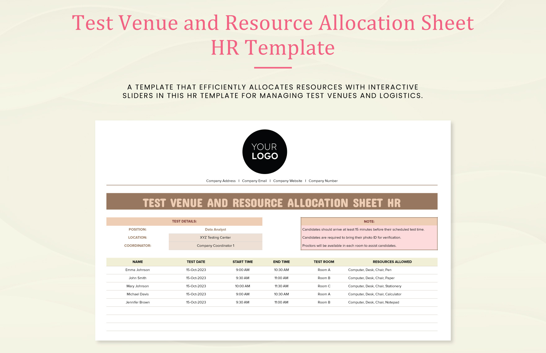 Test Venue and Resource Allocation Sheet HR Template