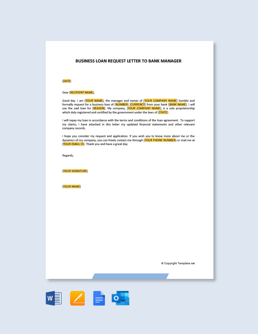 Business Loan Request Letter To Bank Manager in Google Docs, Pages, Word, Outlook, PDF - Download | Template.net