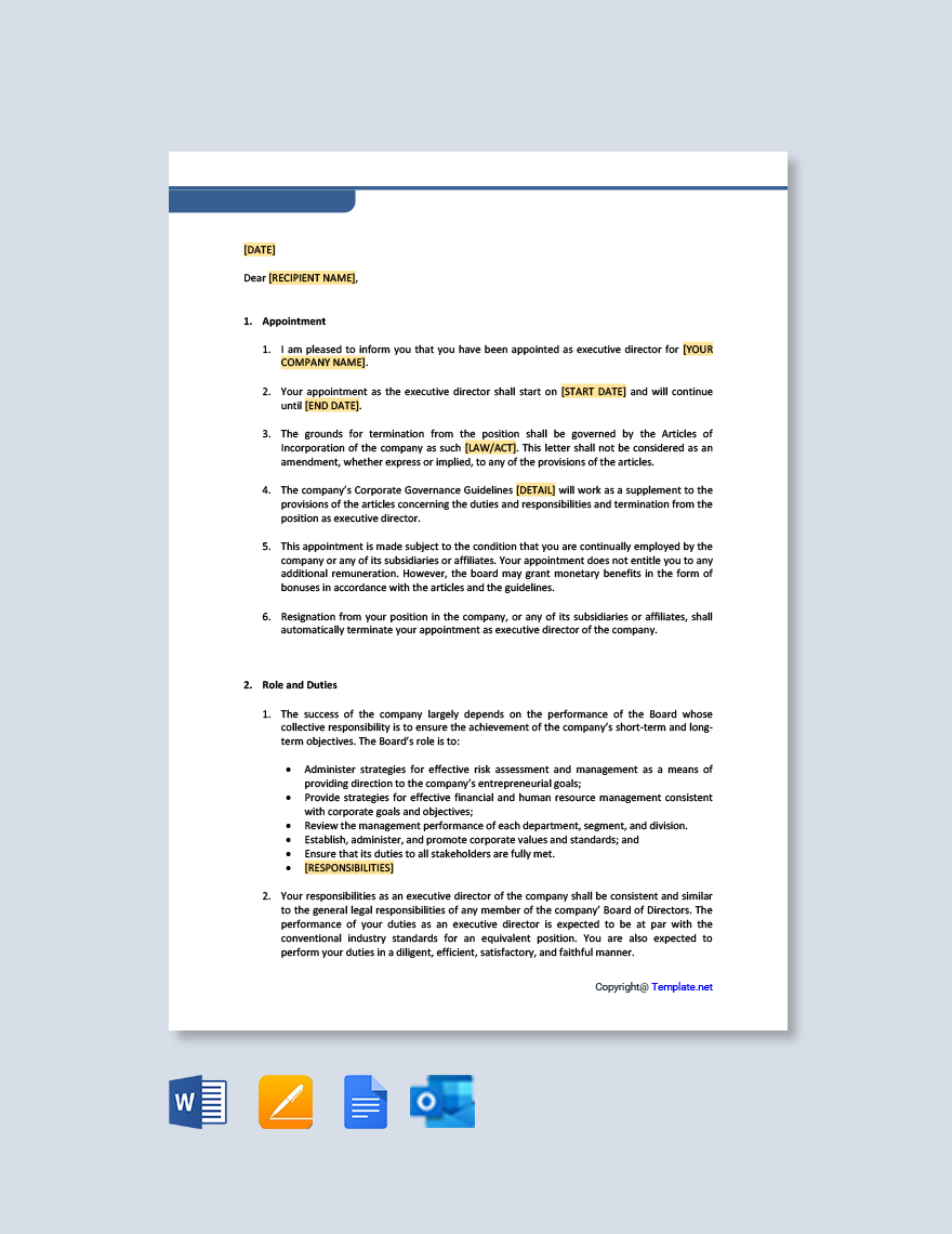 Executive Director Appointment Letter in Google Docs, Pages, Word, Outlook, PDF - Download | Template.net