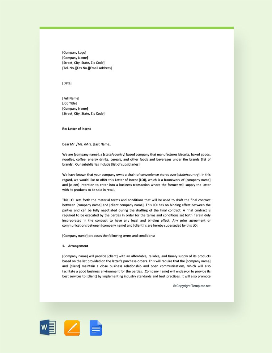 Letter of Intent to Do Business with the Company Template