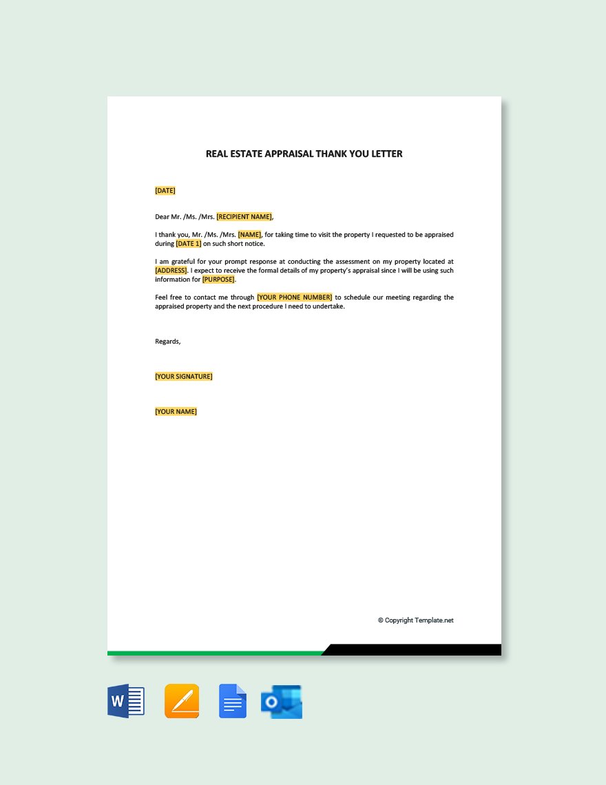 Real Estate Appraisal Thank You Letter in Word, Google Docs, PDF, Apple Pages, Outlook