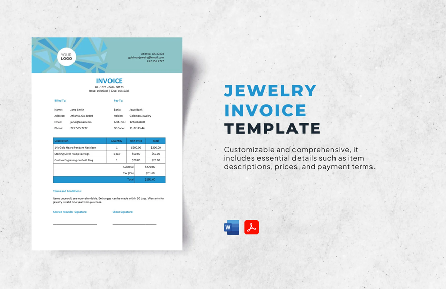 Jewelry Invoice Template in Word, PDF