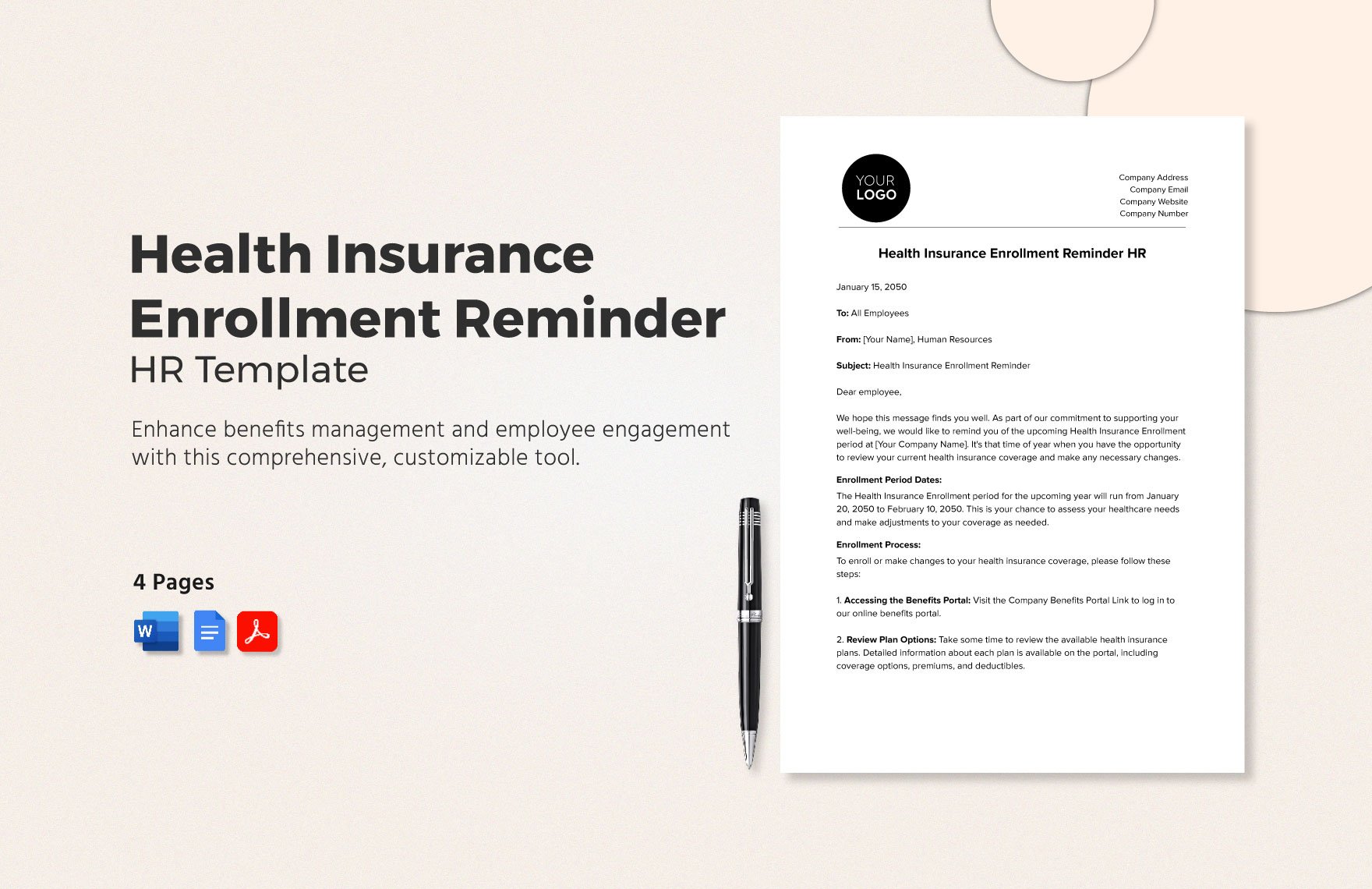 Health Insurance Enrollment Reminder HR Template in Word, Google Docs, PDF