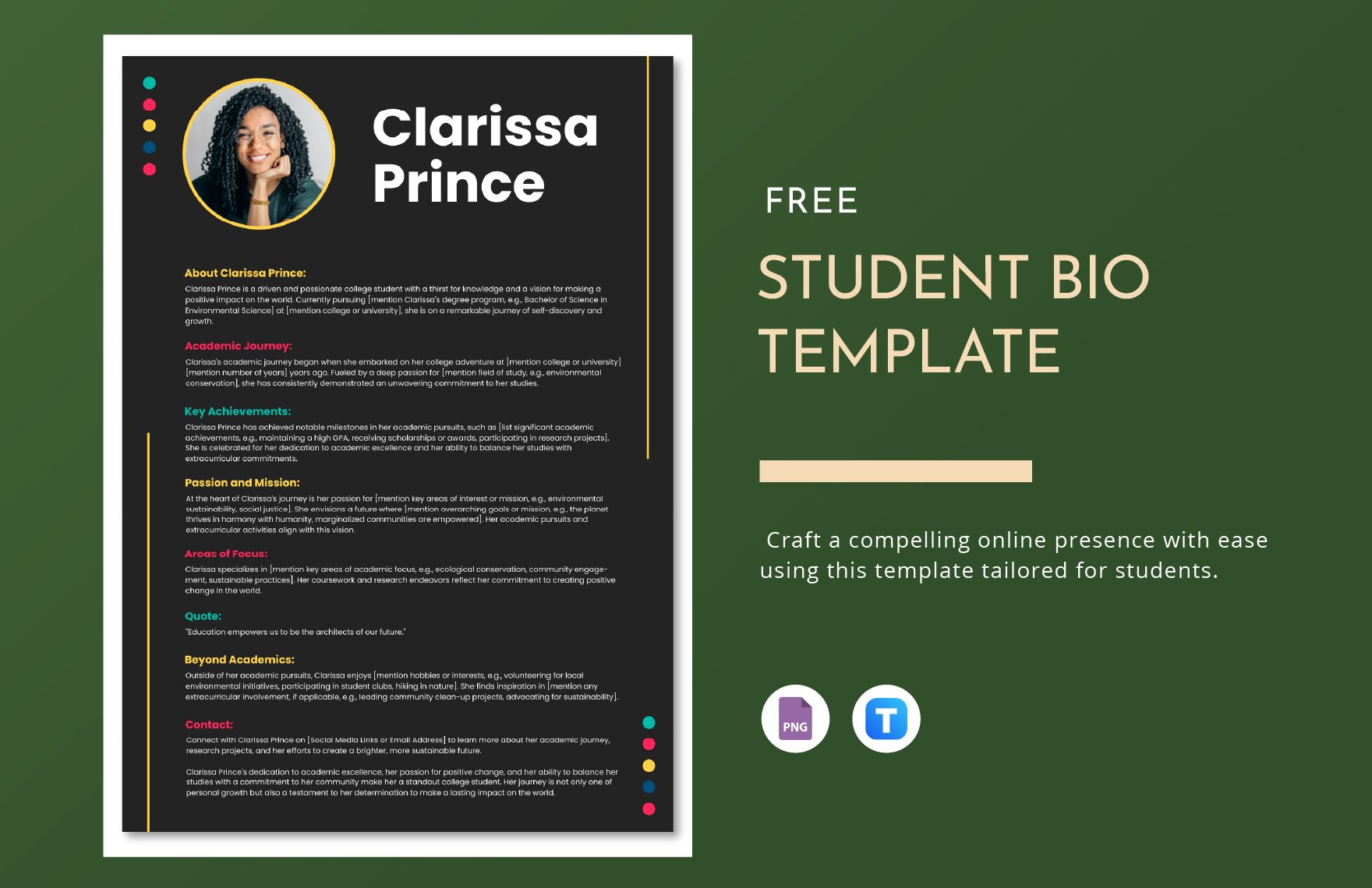 Free Student Bio Template in PNG