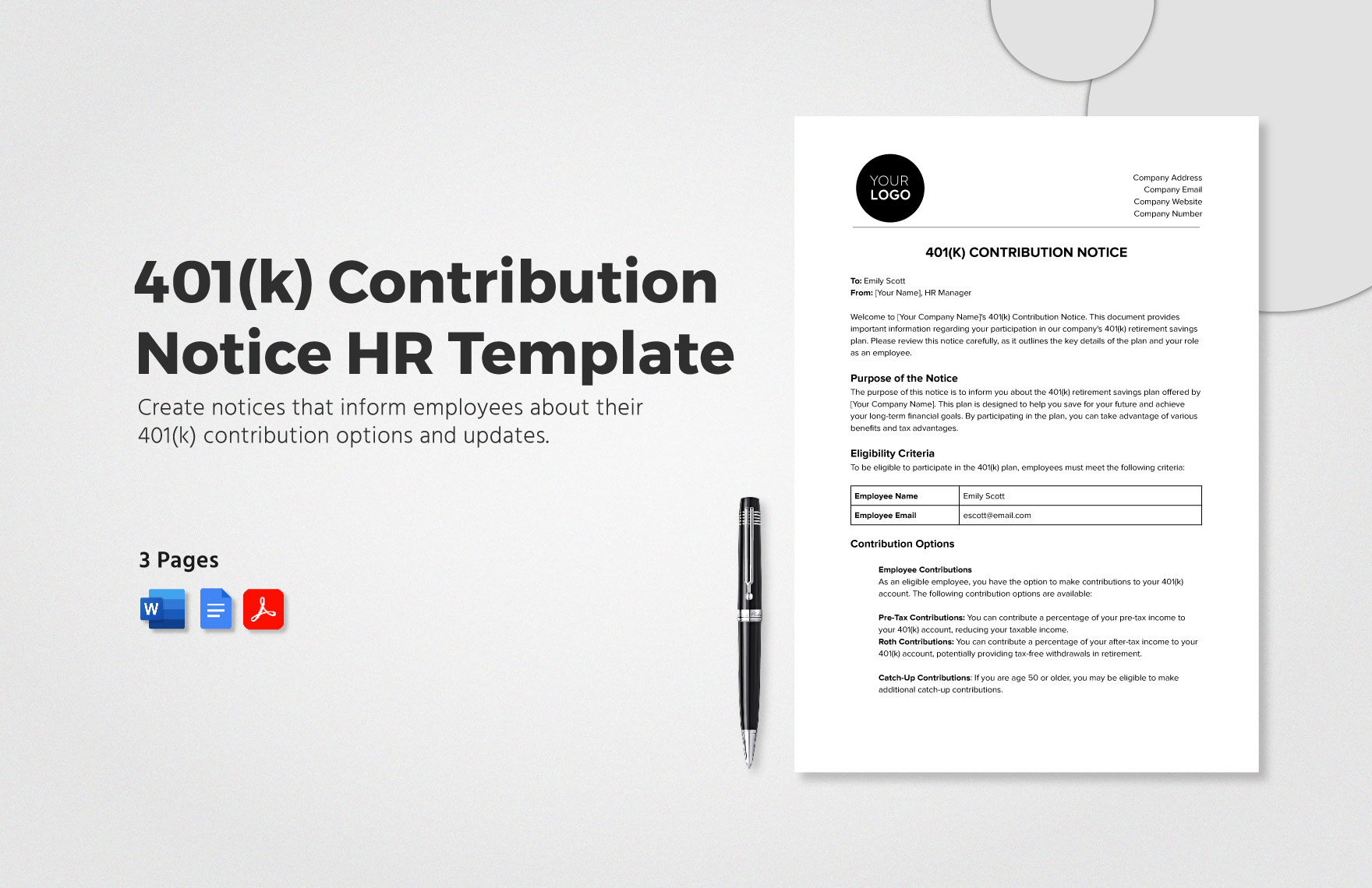 401(k) Contribution Notice HR Template in Word, Google Docs, PDF
