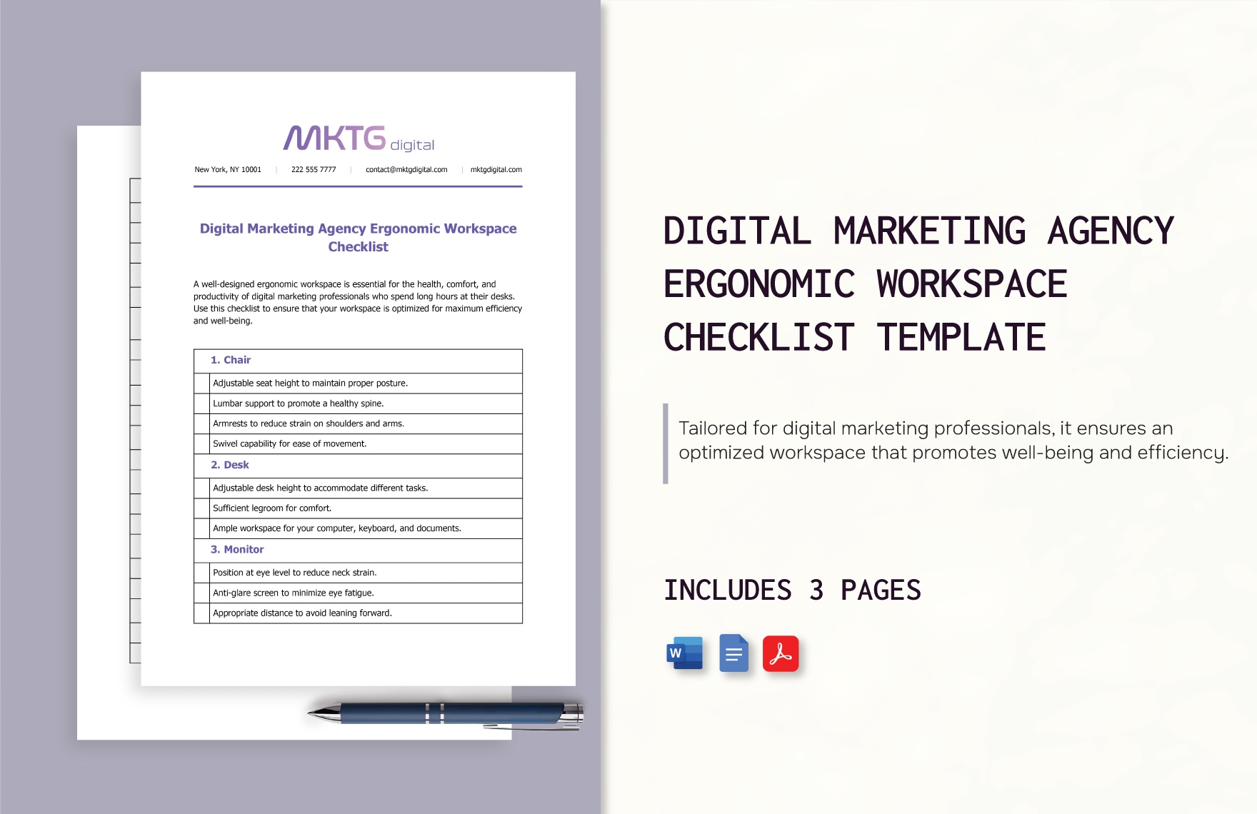 Digital Marketing Agency Ergonomic Workspace Checklist Template in Word, Google Docs, PDF