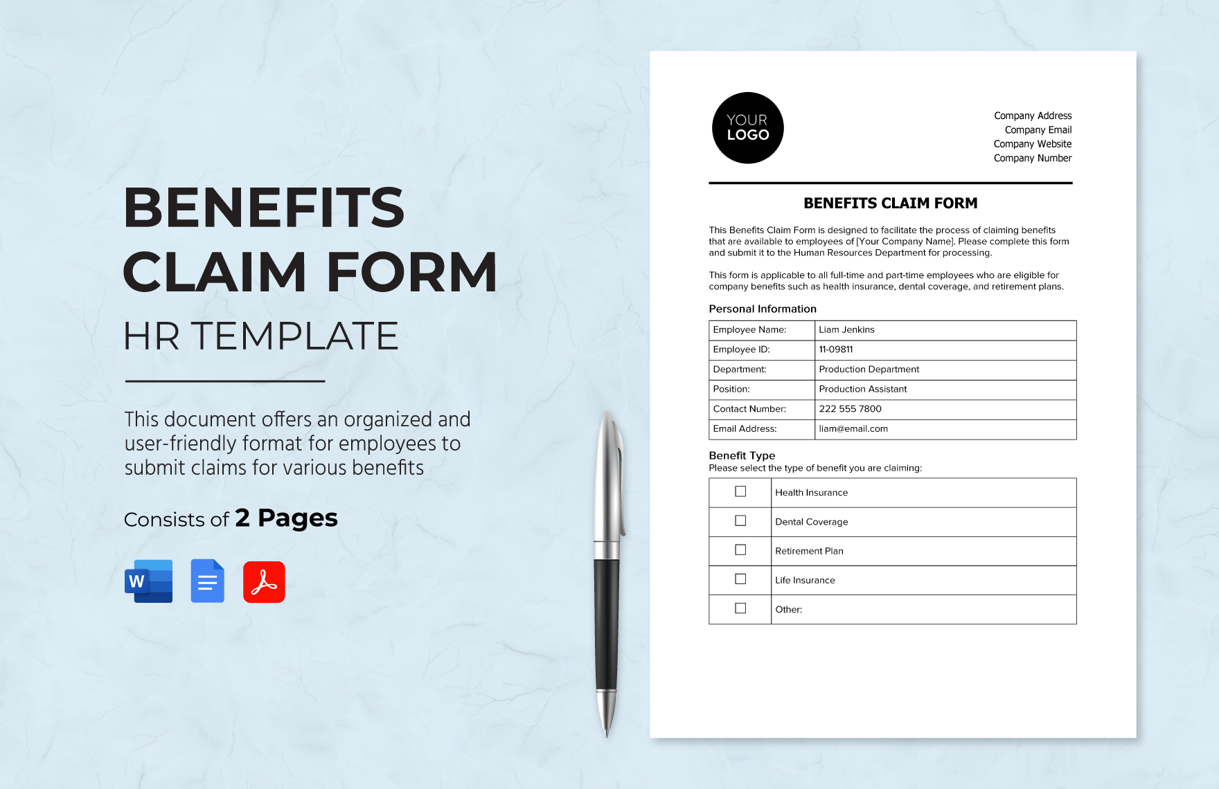 Benefits Claim Form HR Template