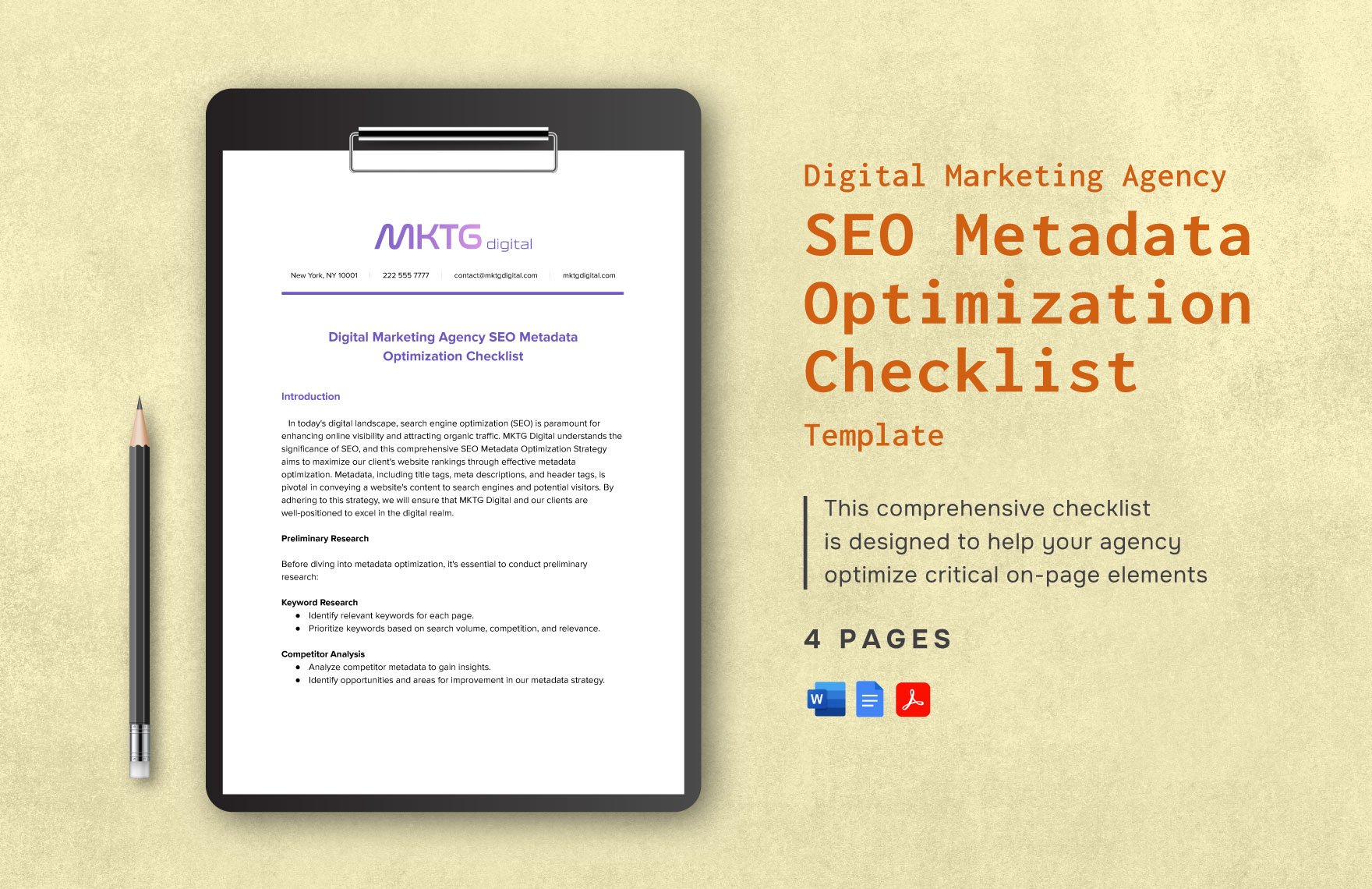 Digital Marketing Agency SEO Metadata Optimization Checklist Template in Word, Google Docs, PDF