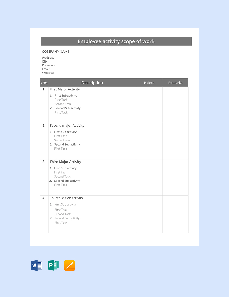 Employee Activity Scope of Work Template in Word, Google Docs, Apple Pages, Publisher