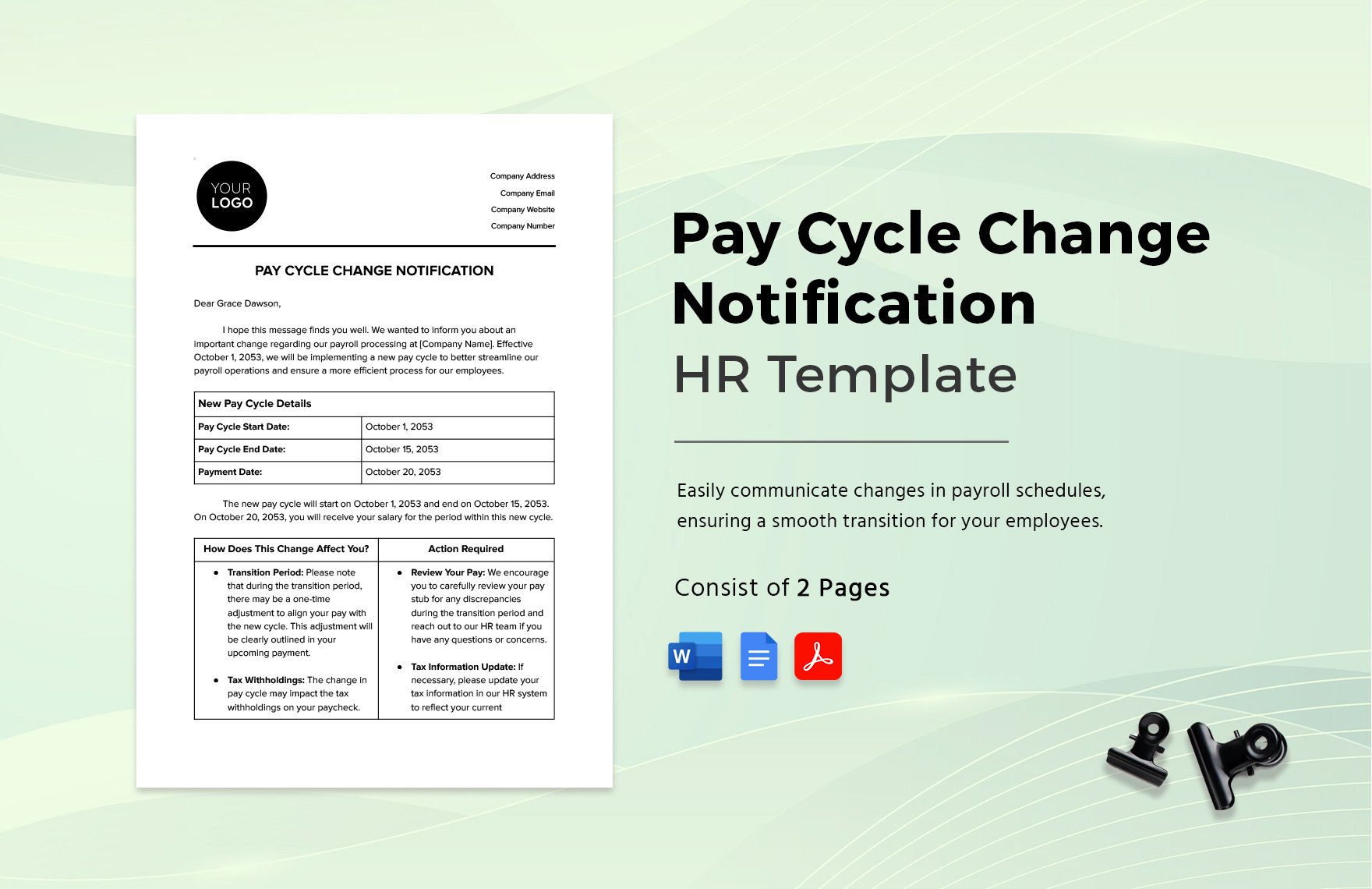 Pay Cycle Change Notification HR Template in Word, Google Docs, PDF