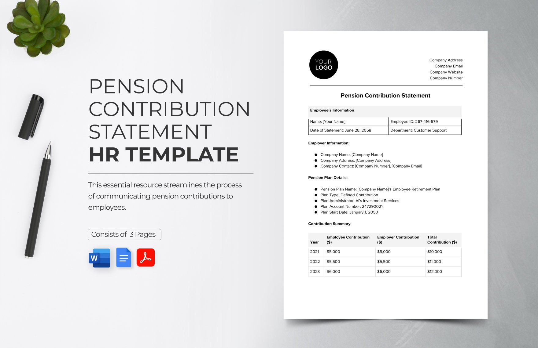 Pension Contribution Statement HR Template in Word, Google Docs, PDF