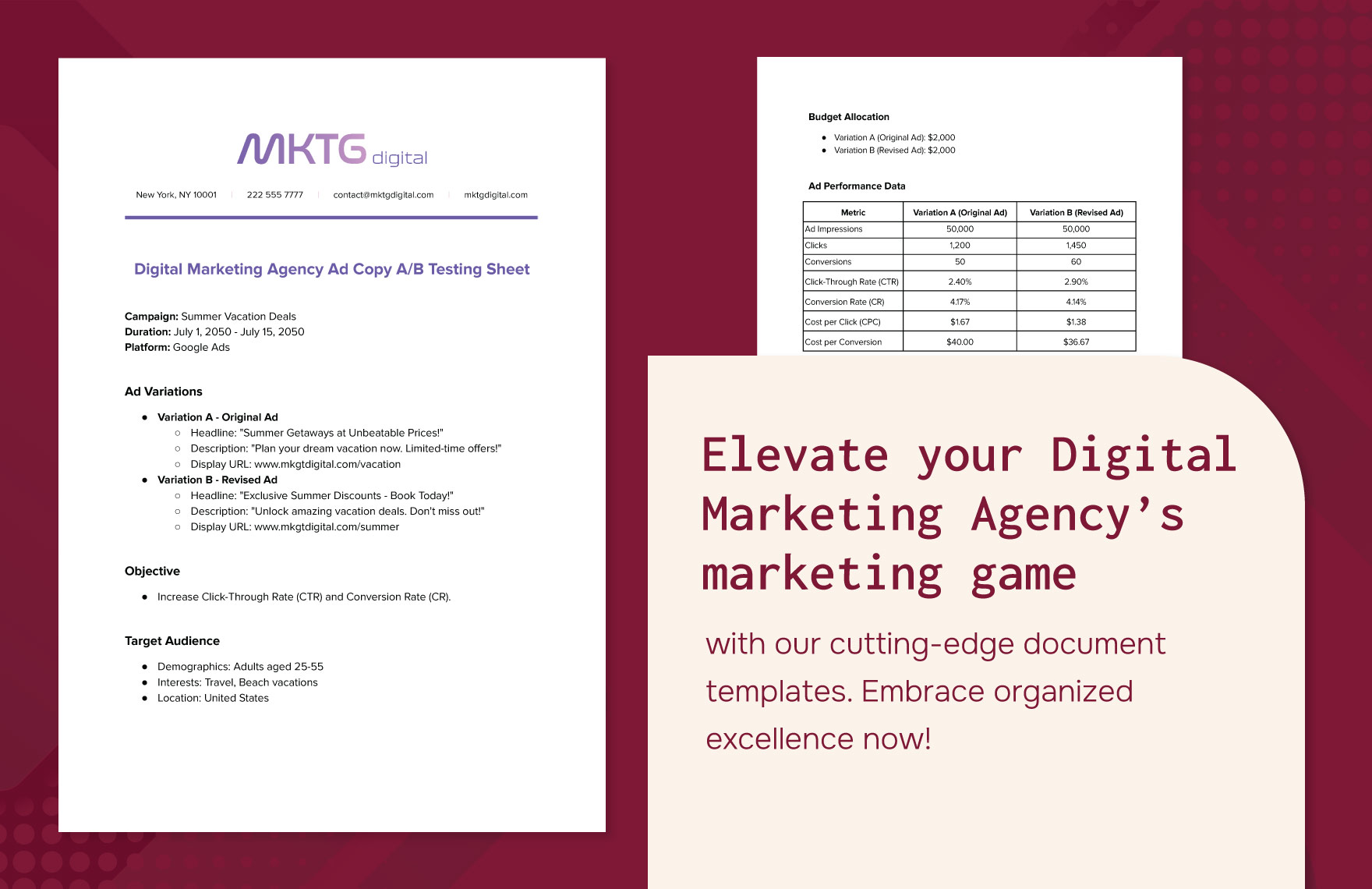 Digital Marketing Agency Ad Copy A/B Testing Sheet Template