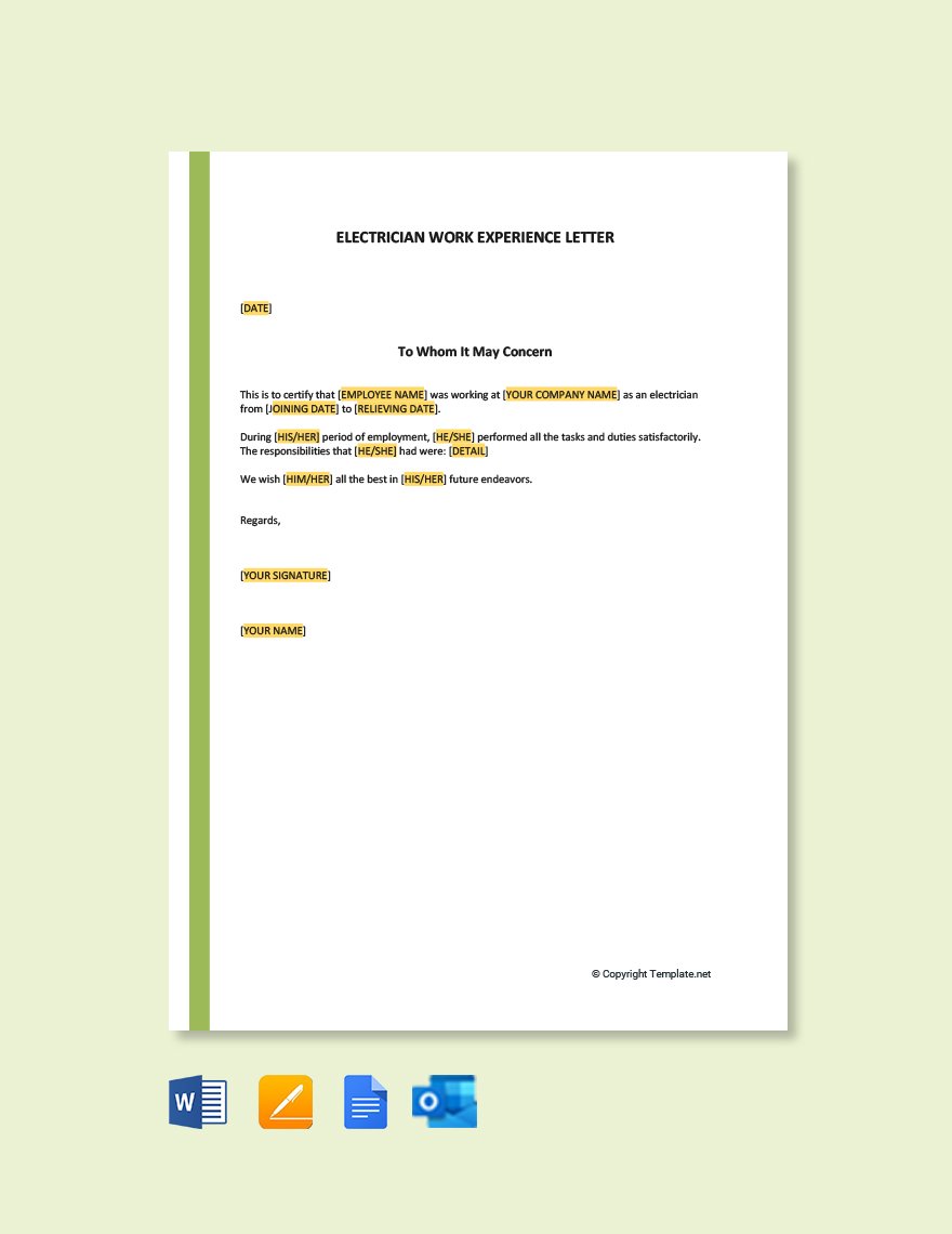 Free Electrician Work Experience Letter Template