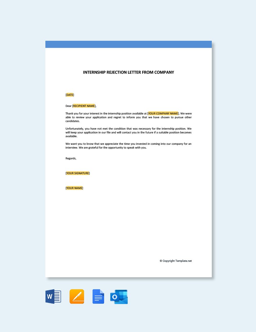 Internship Rejection Letter From Company Template