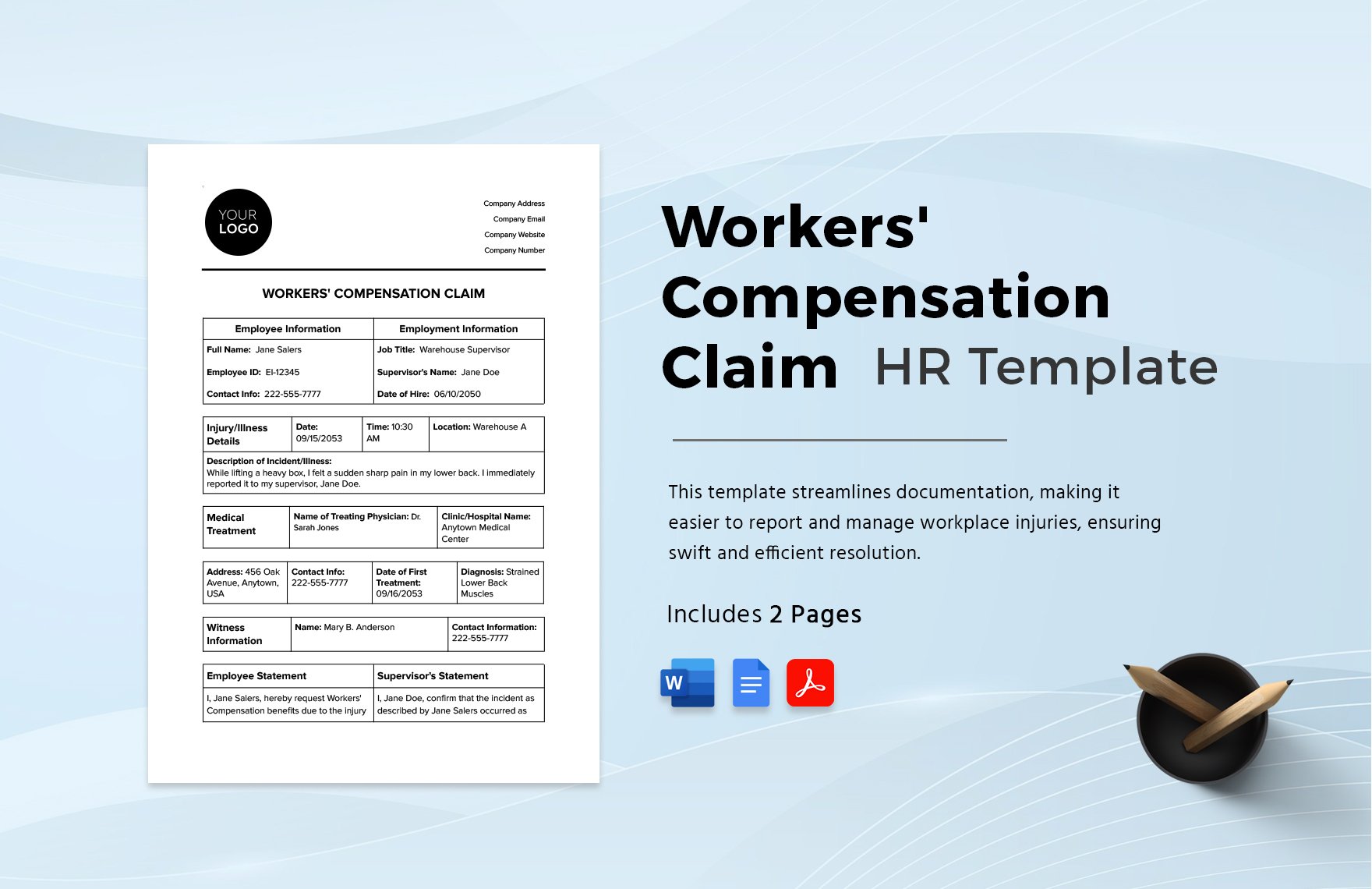 Workers' Compensation Claim HR Template in Word, Google Docs, PDF