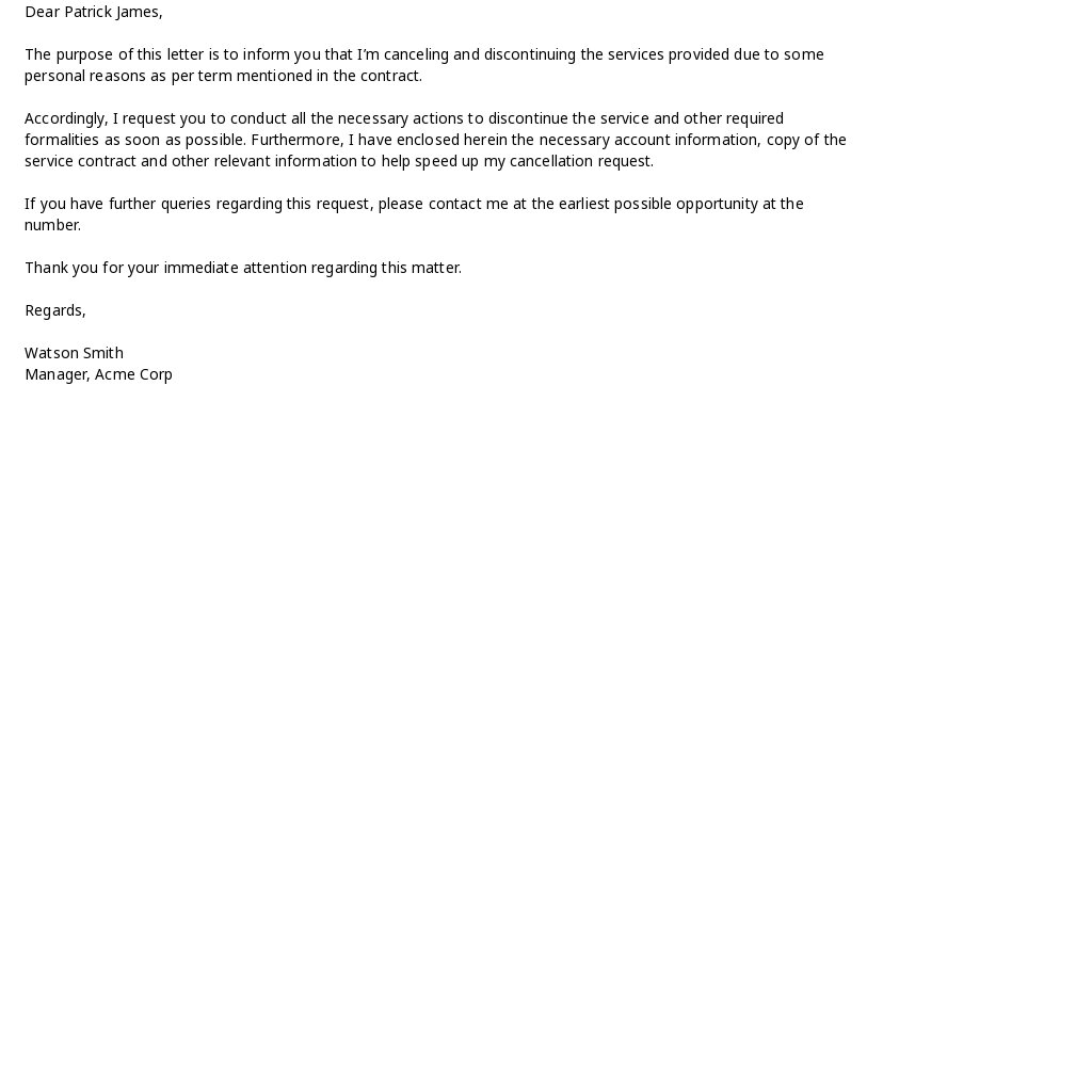 Service Contract Cancellation Letter Template - Google Docs, Word
