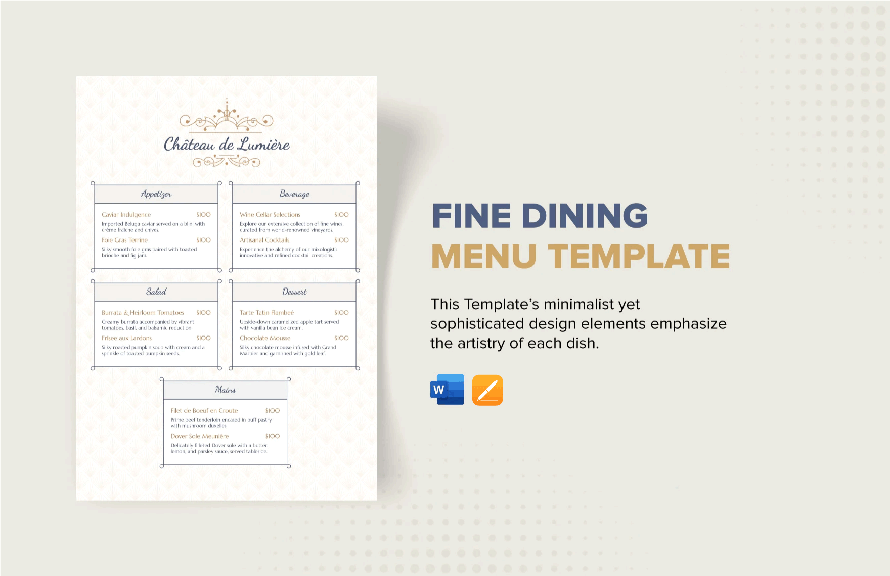 Free Fine Dining Menu Template in Word, Apple Pages