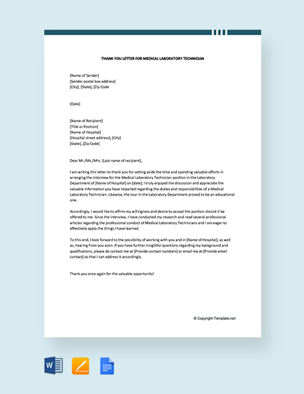 FREE Thank You Letter For Medical Laboratory Technician Template - Word