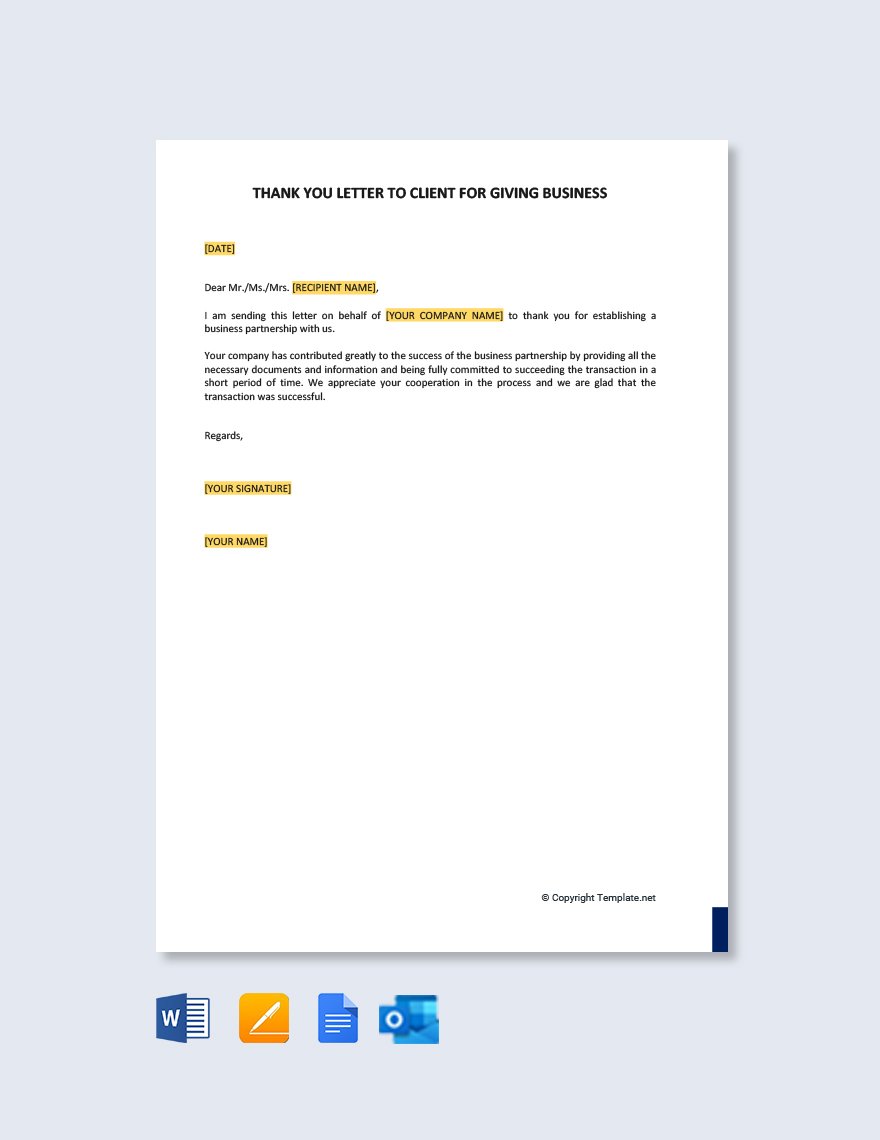 Thank You Letter to Client for Giving Business Template