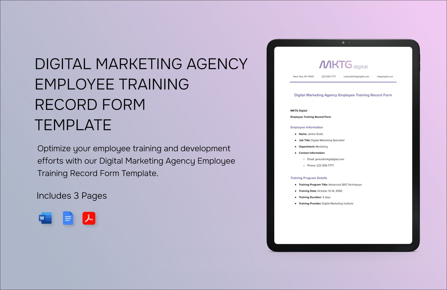 Digital Marketing Agency Employee Training Record Form Template
