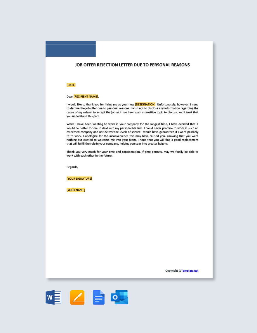 Job Offer Rejection Letter Due To Personal Reasons in Google Docs, Word, Pages, Outlook, PDF - Download | Template.net