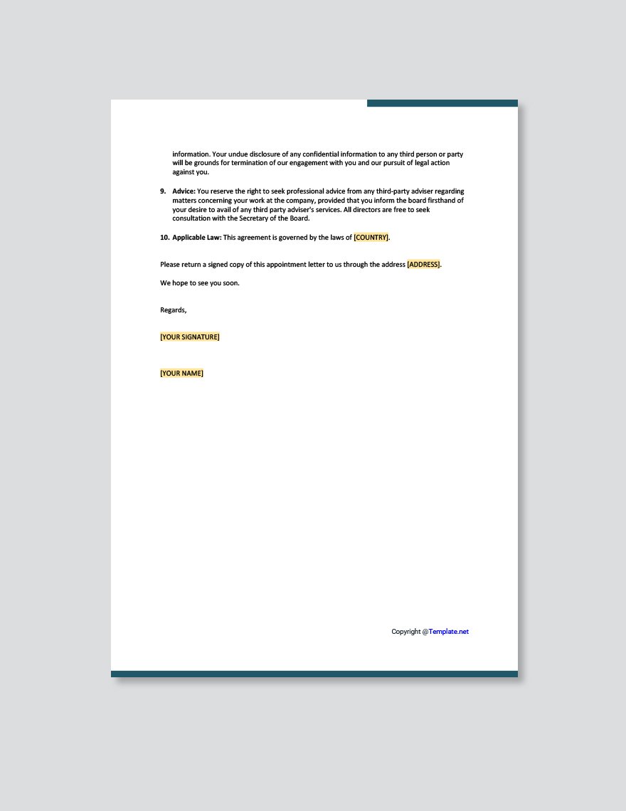 Letter Of Appointment For A Non Executive Director Template
